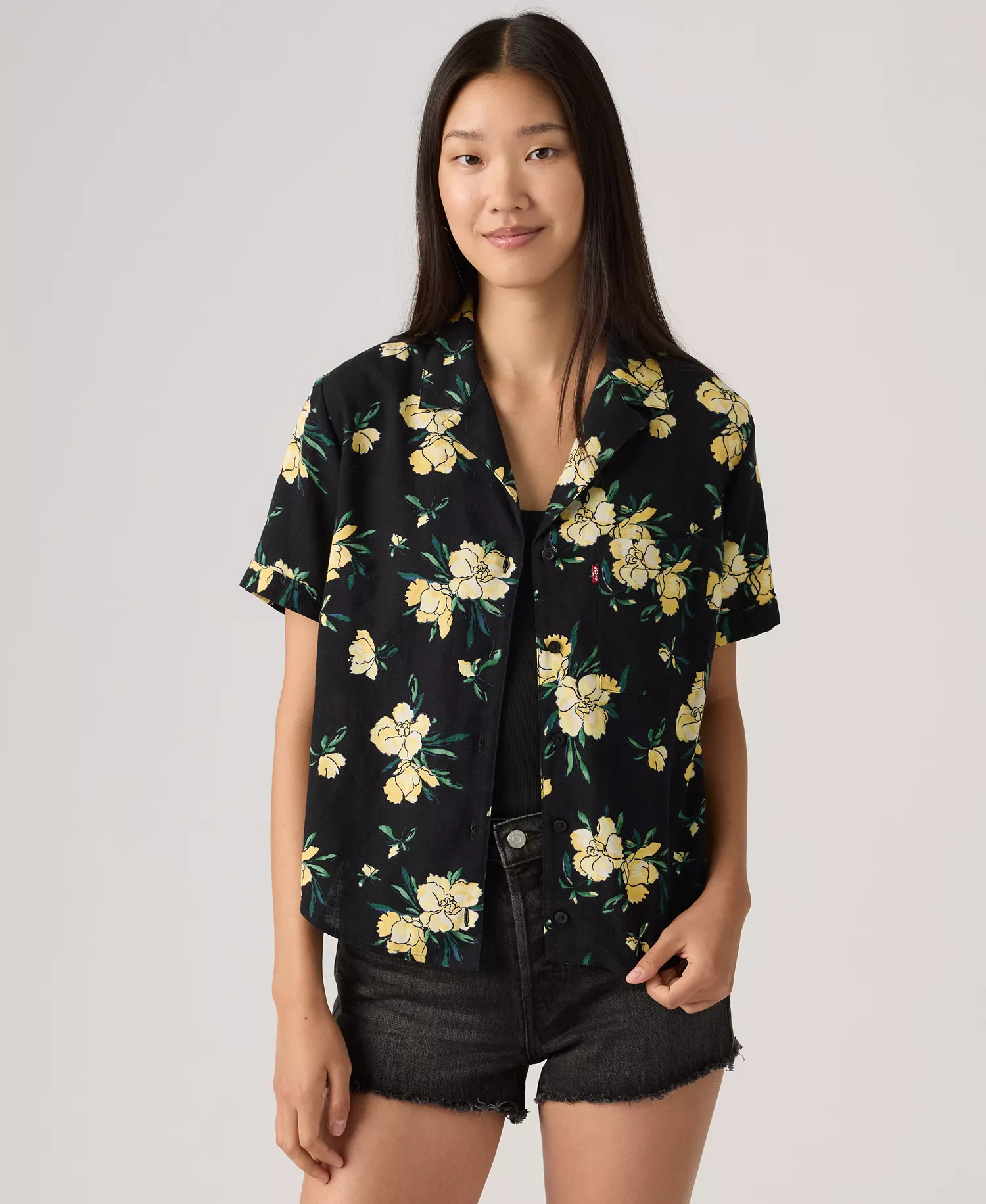 Women's Printed Short-Sleeve Camp Shirt - Blake Brushstroke Floral V5 Rattan - L