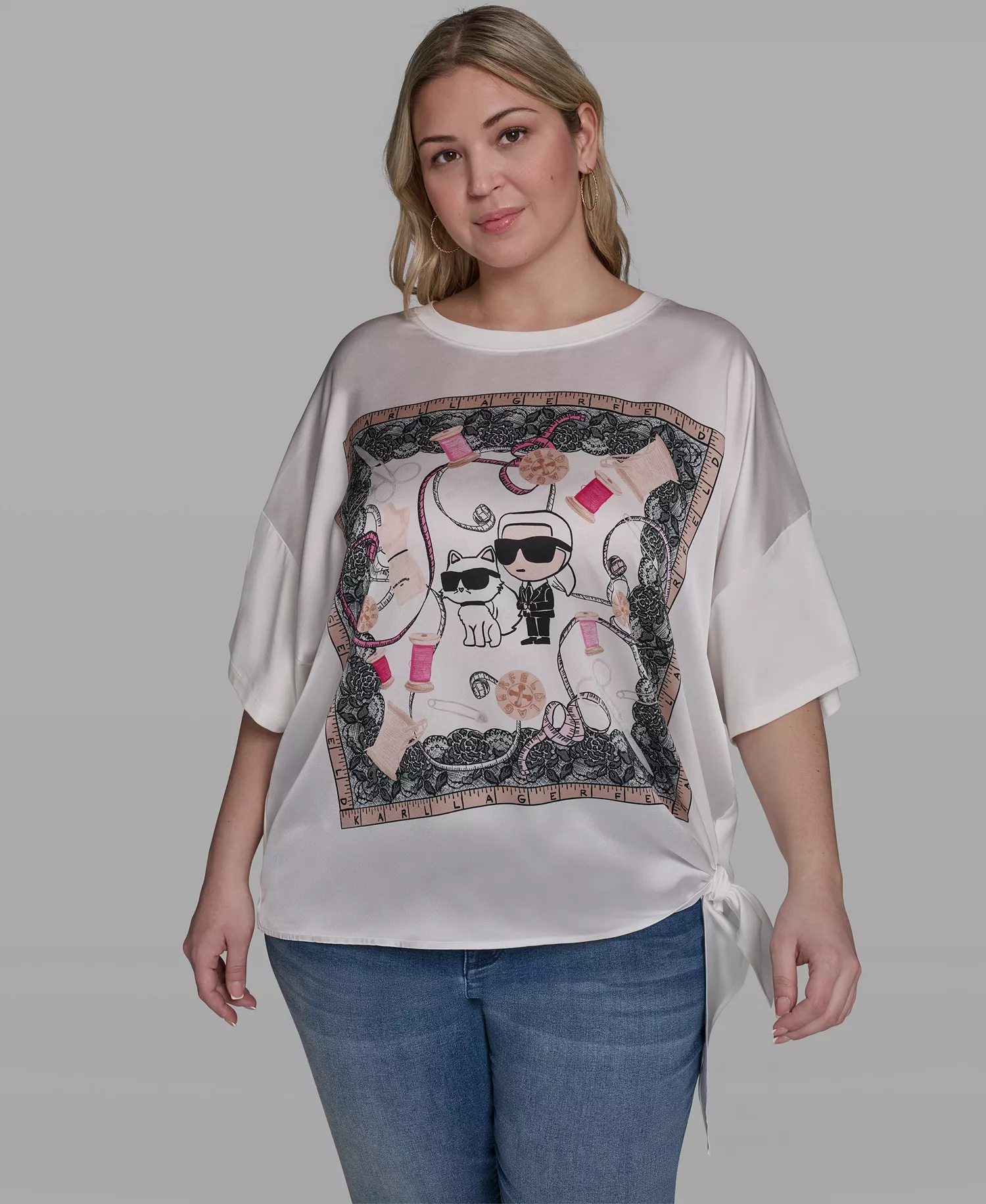 Plus Size Choupette & Karl Printed Boat Neck Top - Soft White - 0X