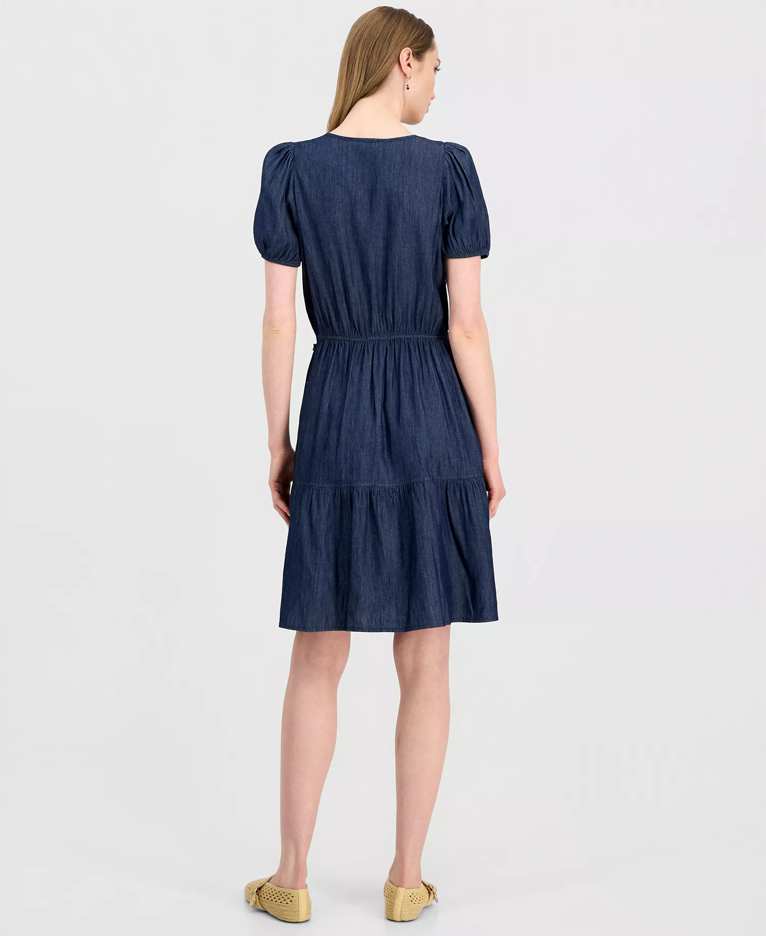 Jeans Women's Chambray Puff-Sleeve Tiered Dress - Dark Azure - L