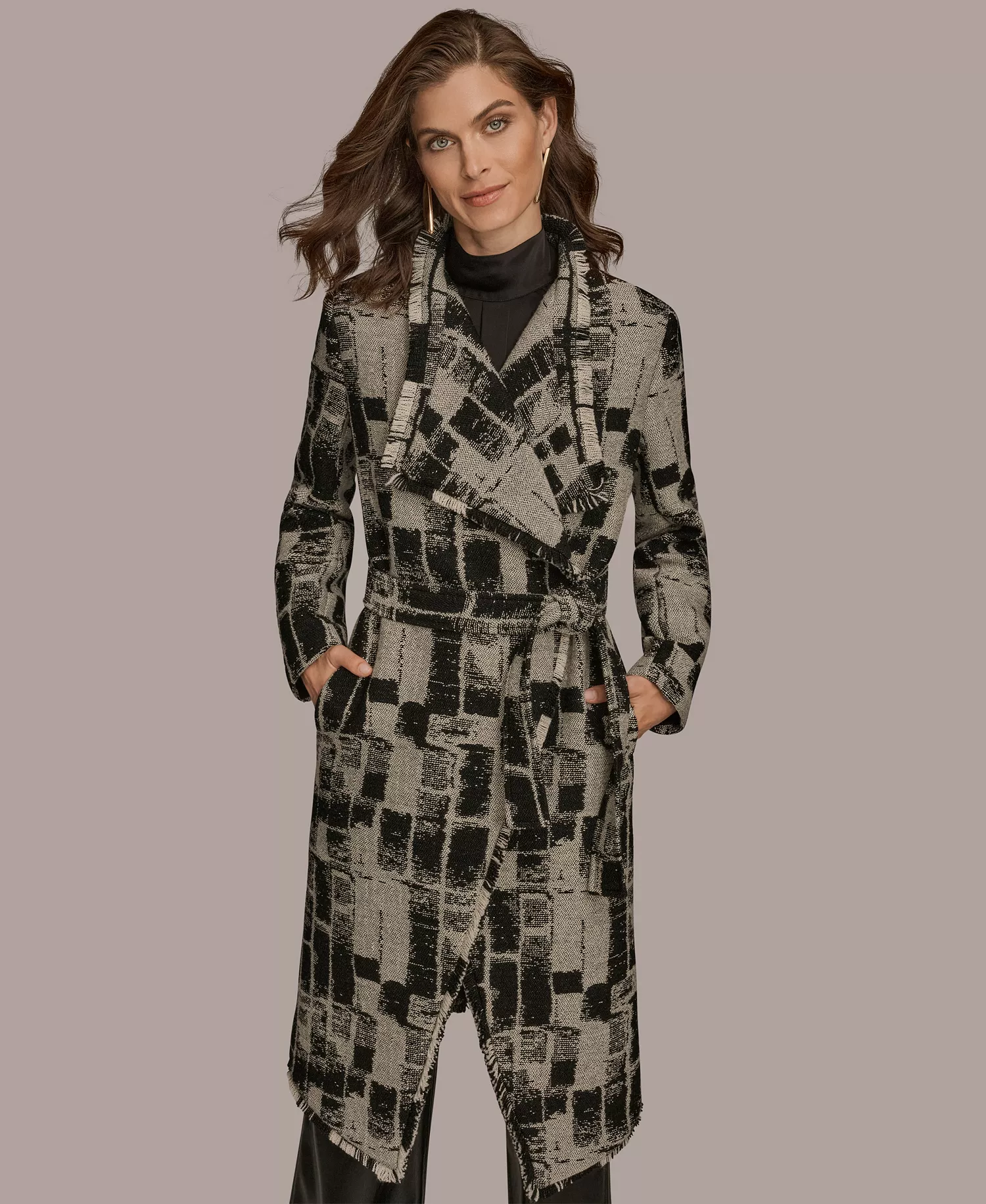 Women's Collared Self Belt Coat - Black/Cream - L
