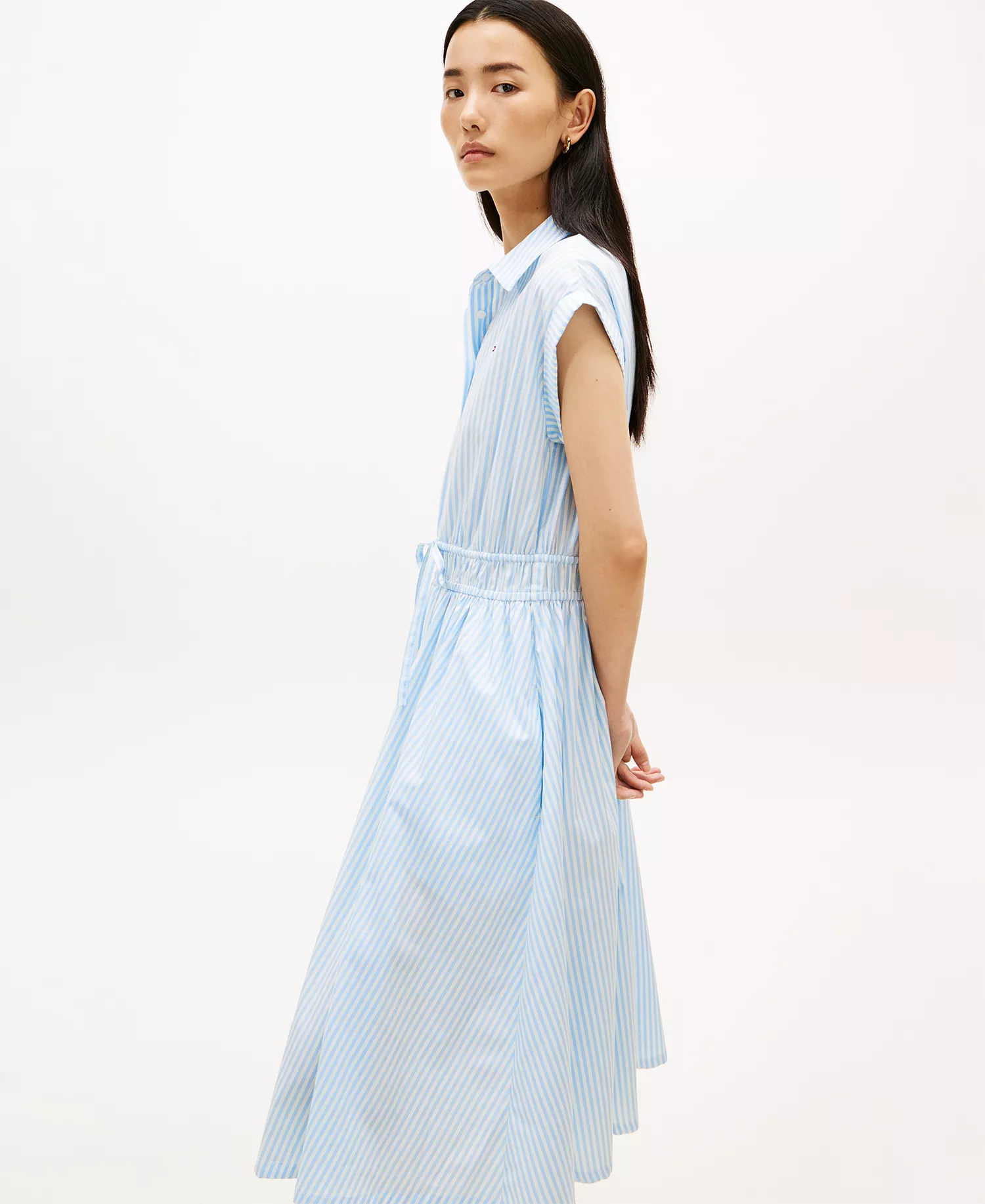 Women's Smocked Waist Sleeveless Shirt Dress - Banker Stripe Vessel Blue/White - L