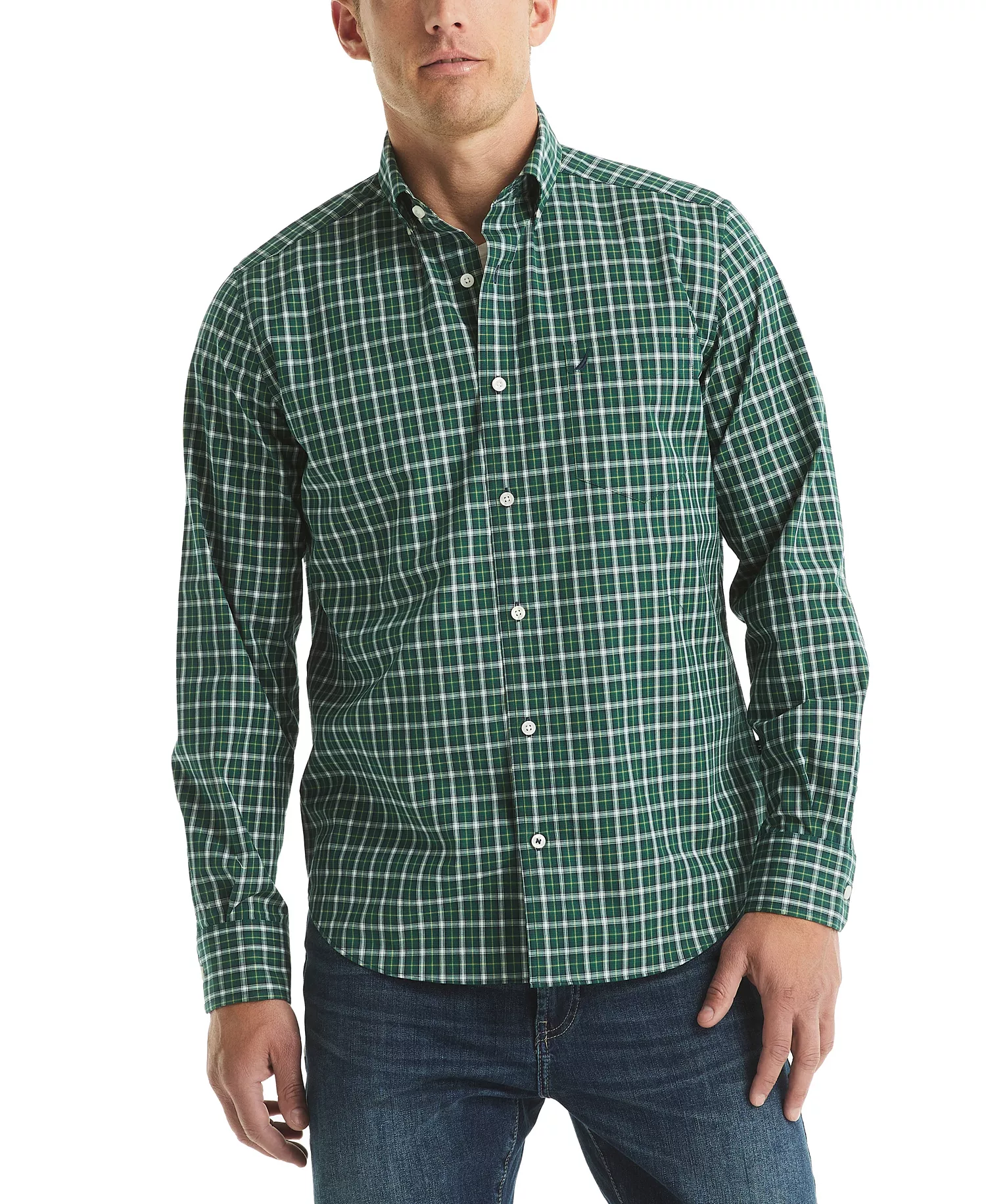 Men's Plaid Pattern Button-Down Shirt - Spruce - 2XL