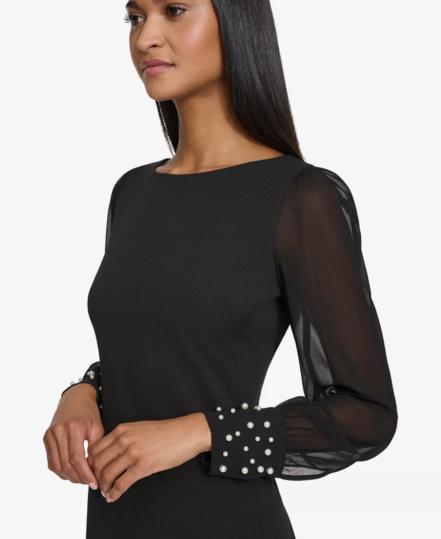 Women's Illusion-Sleeve Beaded-Cuff Dress - Black - 6