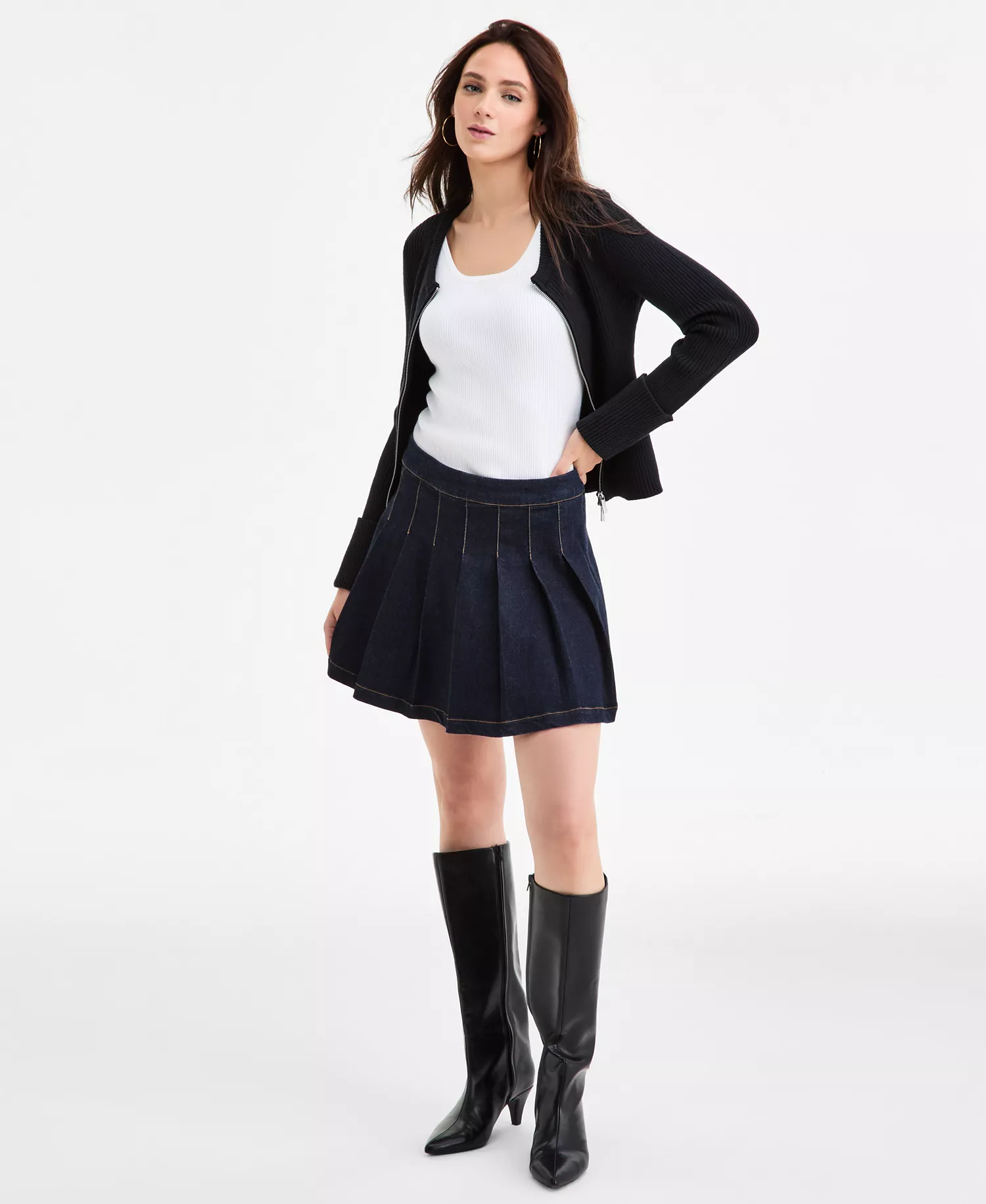 Women's Pleated Denim Mini Skirt, Macy's Exclusive - Dark Wash - XXS