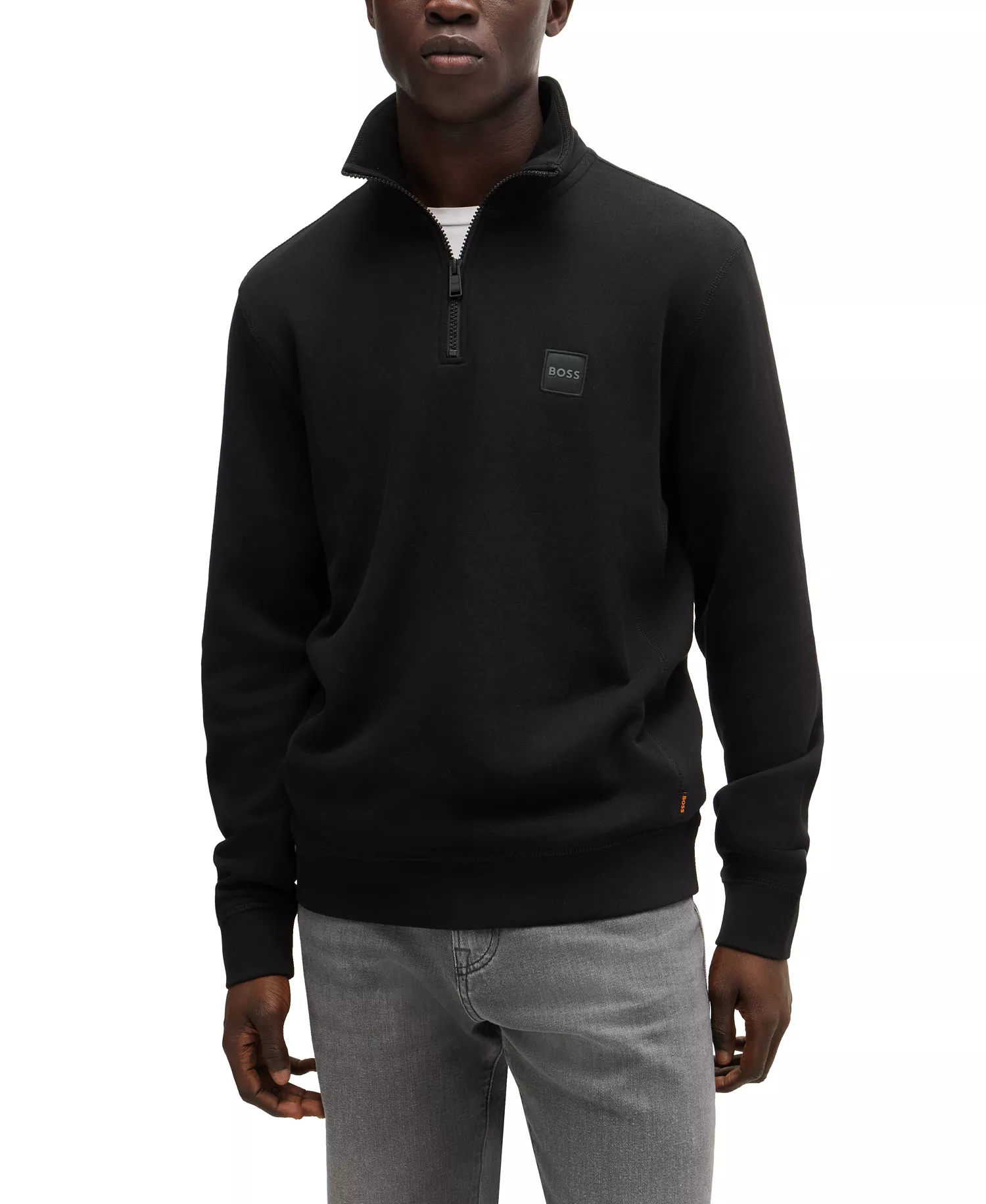 Men's Cotton Terry Logo Patch Zip-Neck Sweatshirt - Black - L