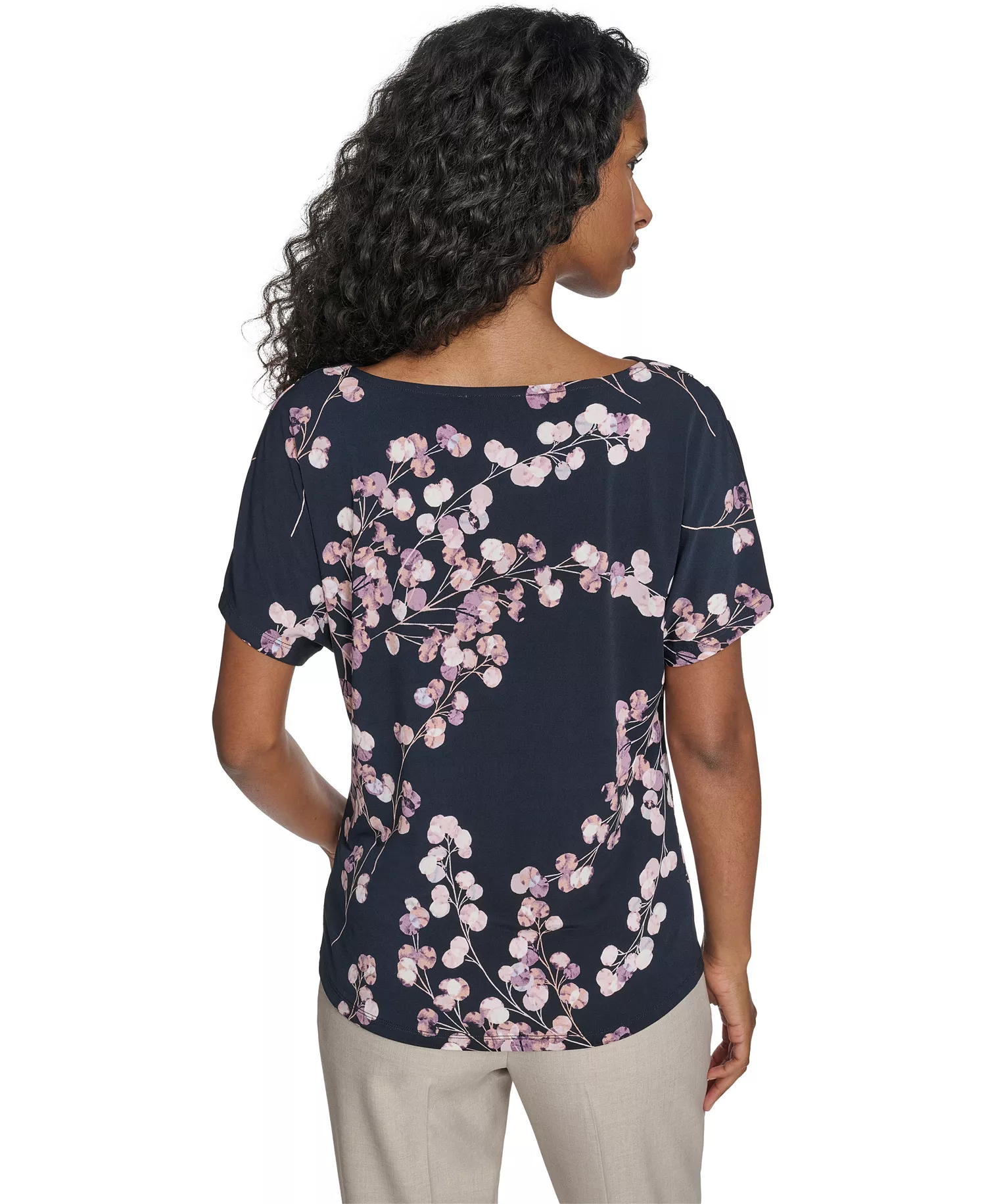 Women's Printed Drape Front Short-Sleeve Top - Navy/cream Multi - L