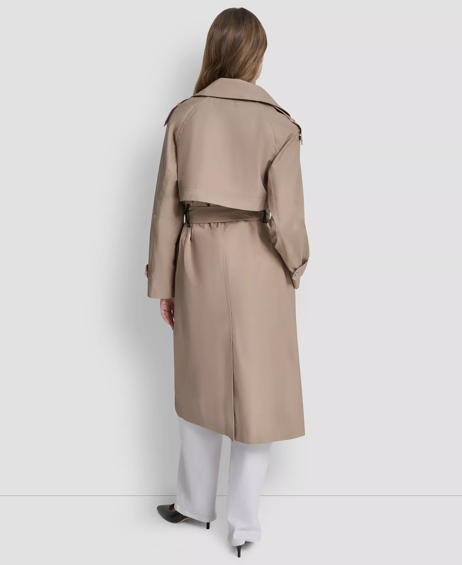 Women's Belted Funnel Collar Long Trench Coat - Khaki - L