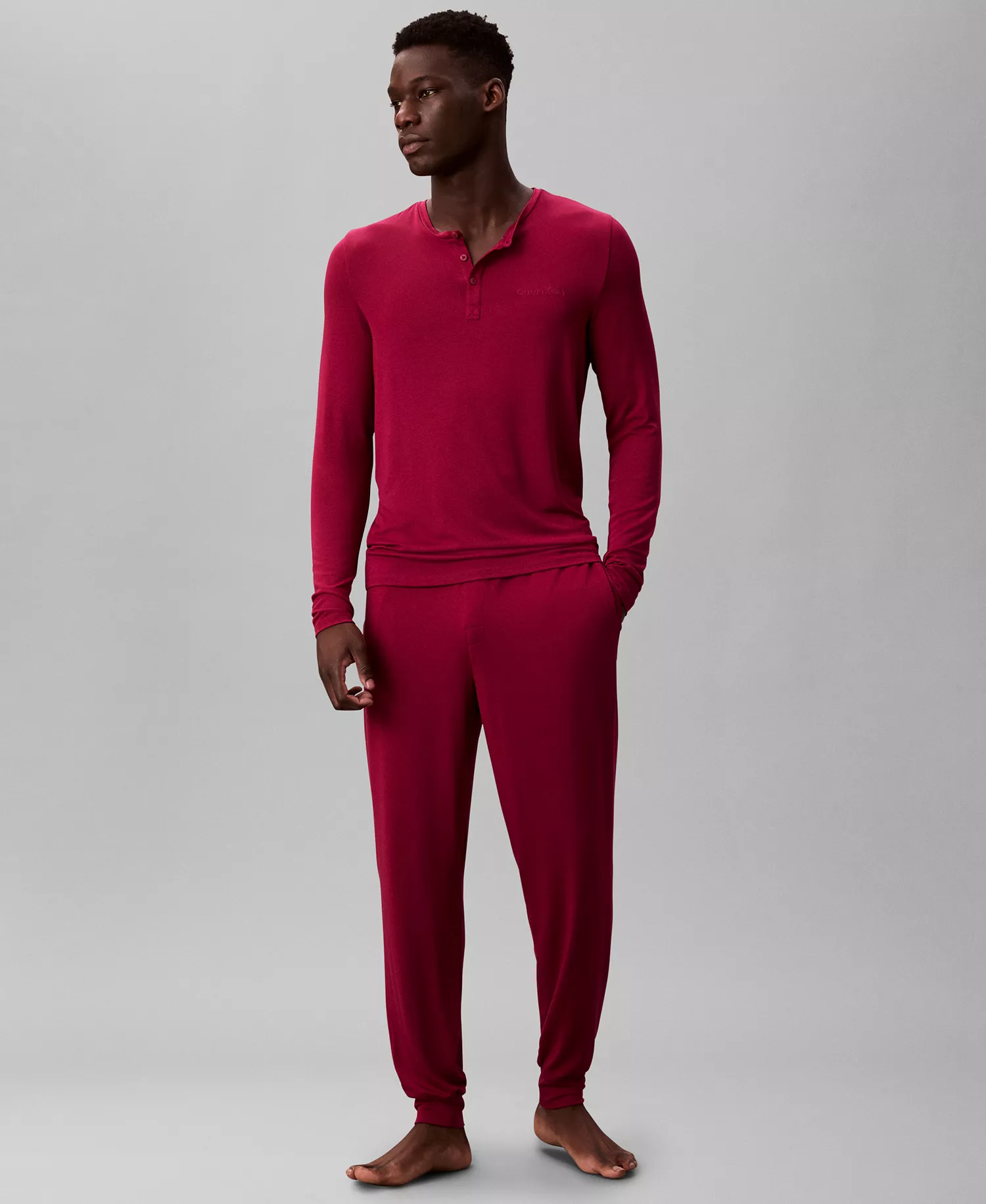 Men's Henley Neck Sleep Top - Beet Red - L