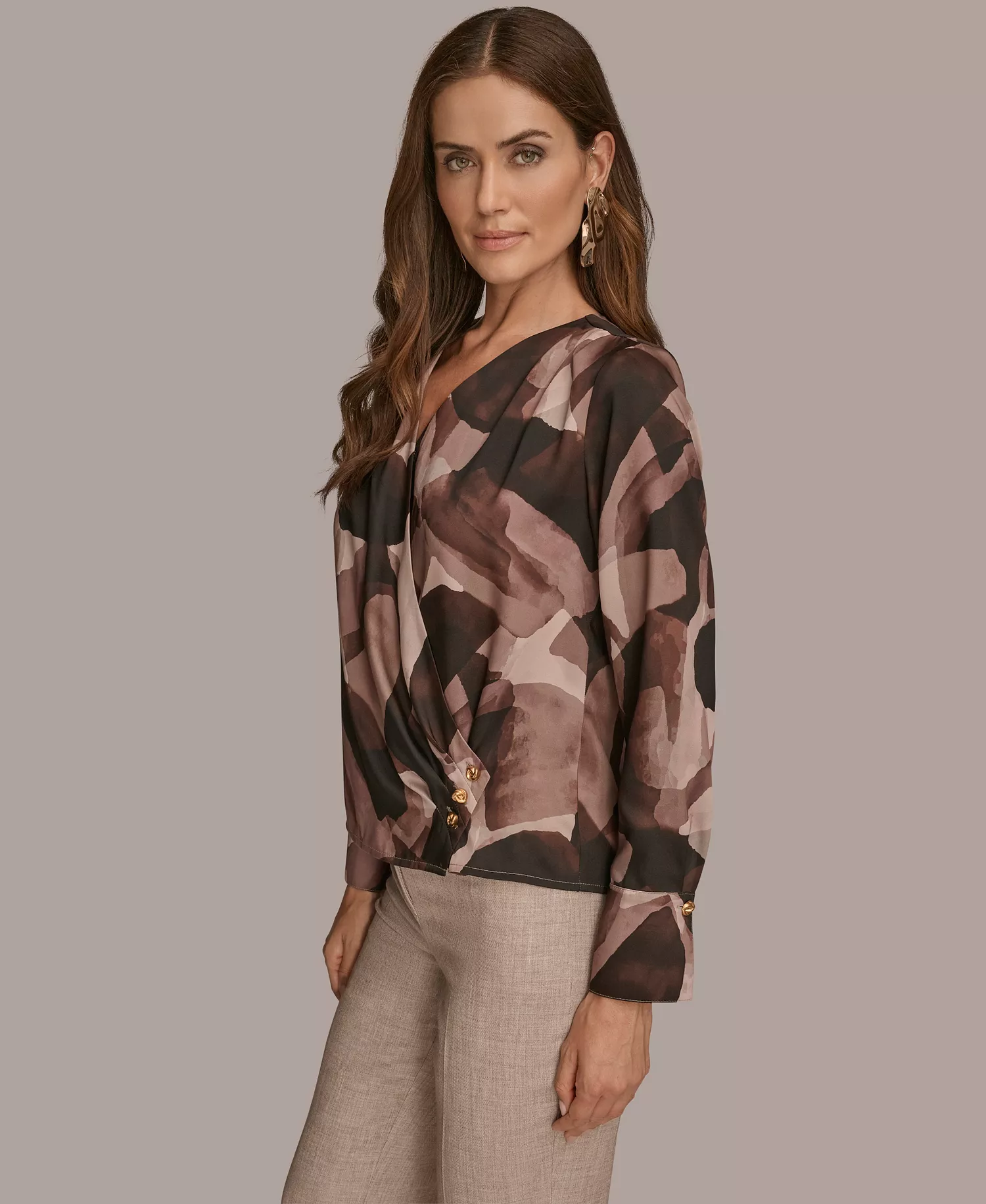 Petite Printed Satin Long Sleeve Wrap Top - Nolita Multi - P/M