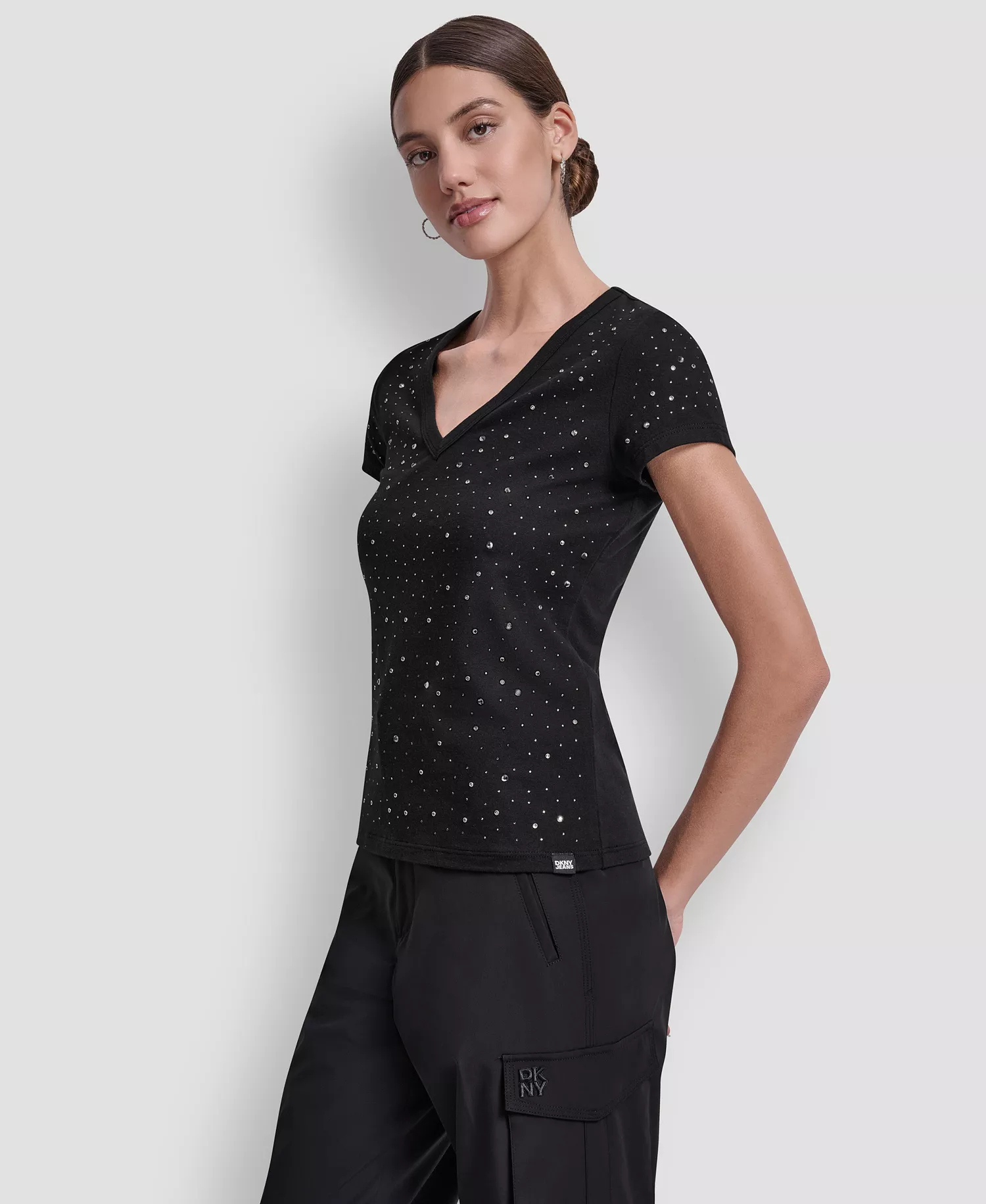 Women's Embellished V-Neck Top - Black/smoke Silver - XXS