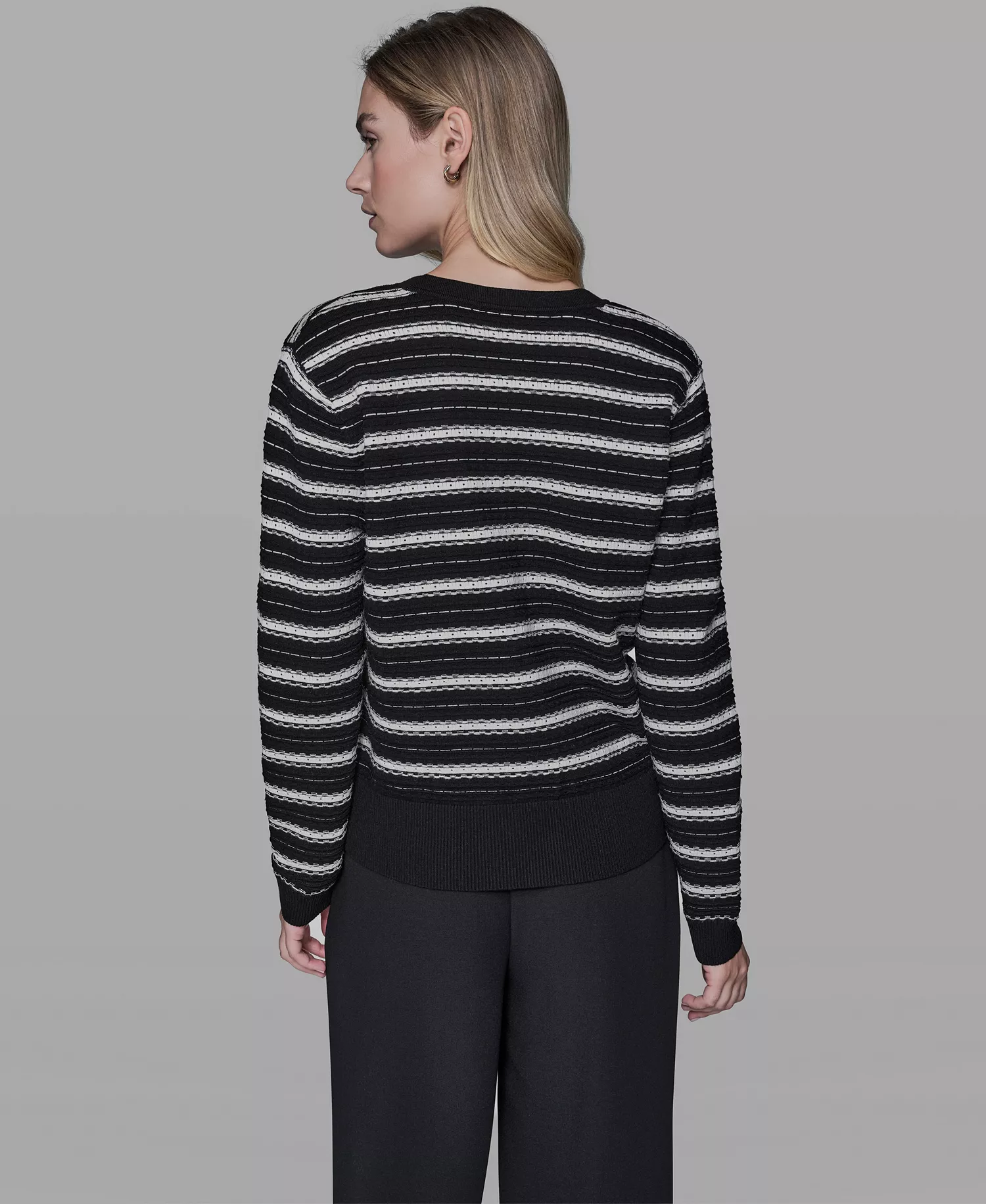 Women's Pointelle Stripe V-Neck Cardigan Sweater - Black/Bisque - L