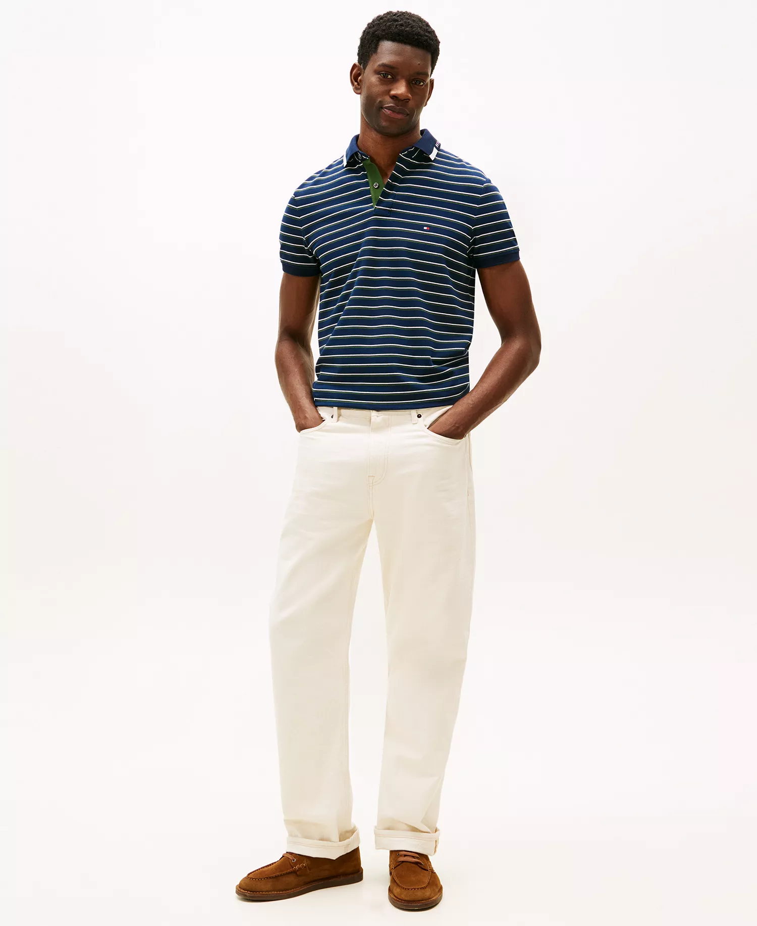 Men's Regular-Fit Pique Graphic Collar Stripe Polo Shirt - Dark Night Navy / Artic Spruce - L