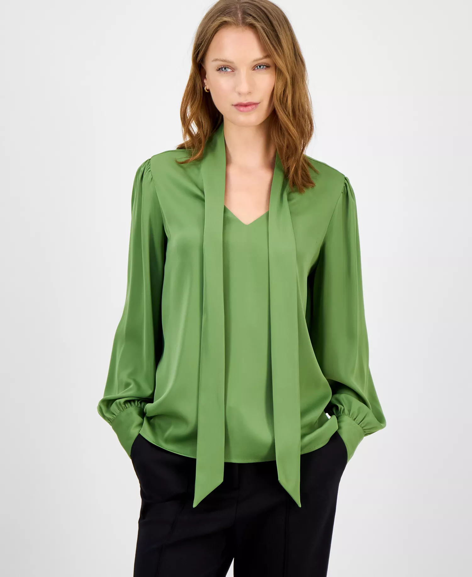 Women's Bow-Neck Tie Blouse - Forest Moss - L