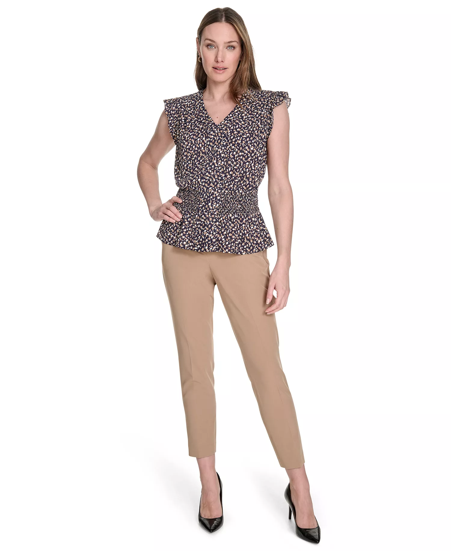 Women's Printed Smocked-Waist Flutter-Sleeve Blouse - Midnight/ Tigers Eye - L