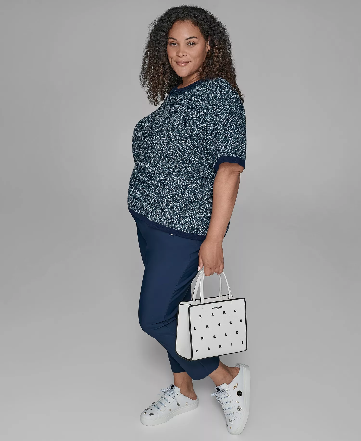 KARL LAGERFIELD PARIS Plus Size Short Sleeve Crew Sweater - Blue Soft White - 0X