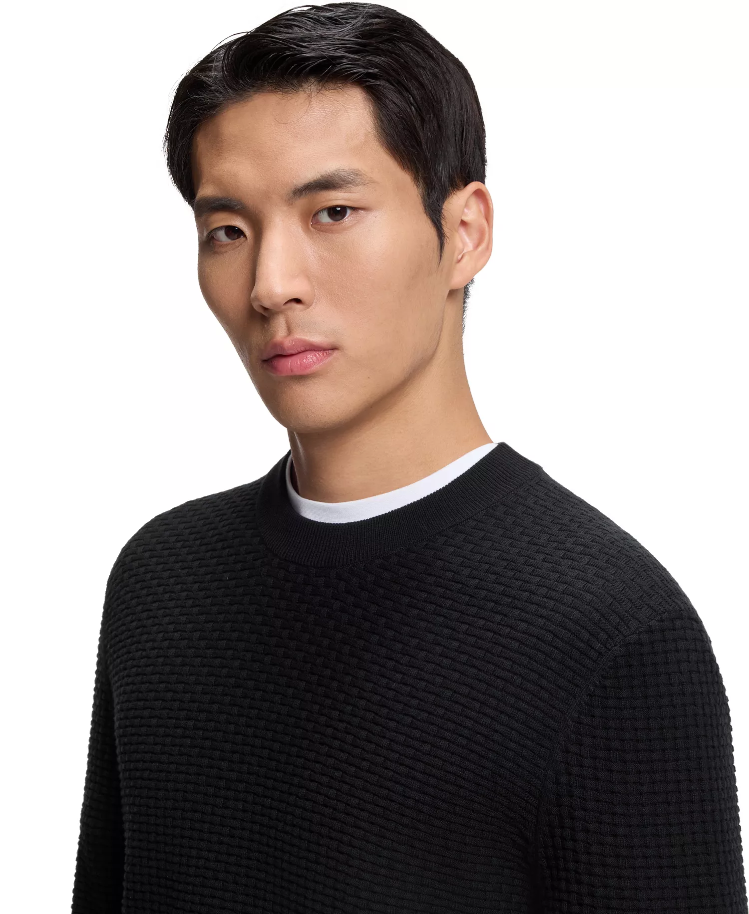 Men's Knitted Structure Cotton Sweater - Black - L