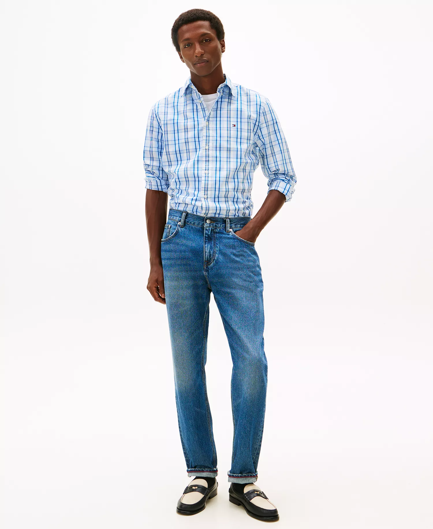 Men's Flex Poplin Medium Check Shirt - White / Check - L