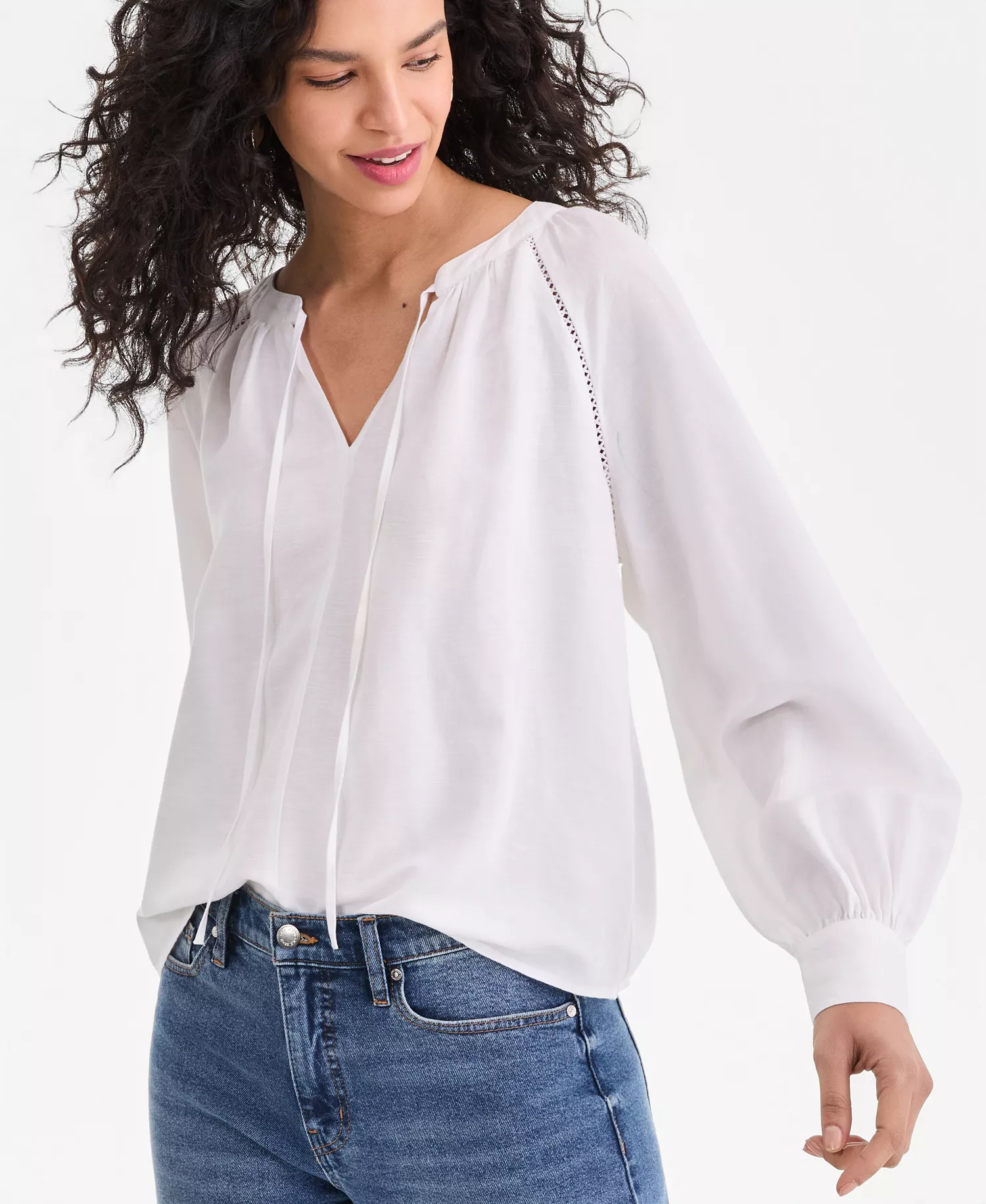 Women's Long Sleeve Linen-Blend Blouse, Macy's Exclusive - Bright White - L