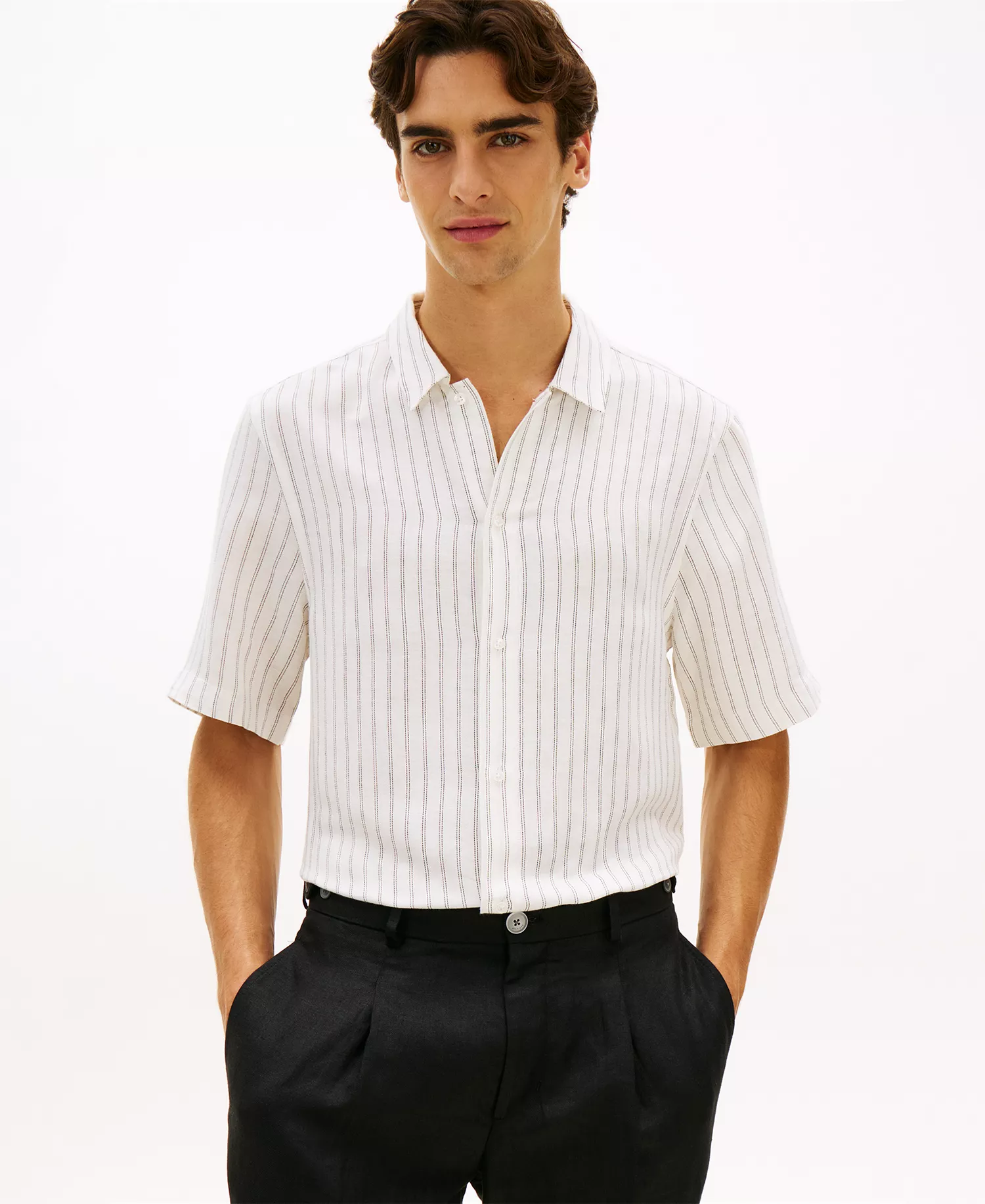 Men's Engineered Stripe Linen-Blend Shirt - White/Black - L