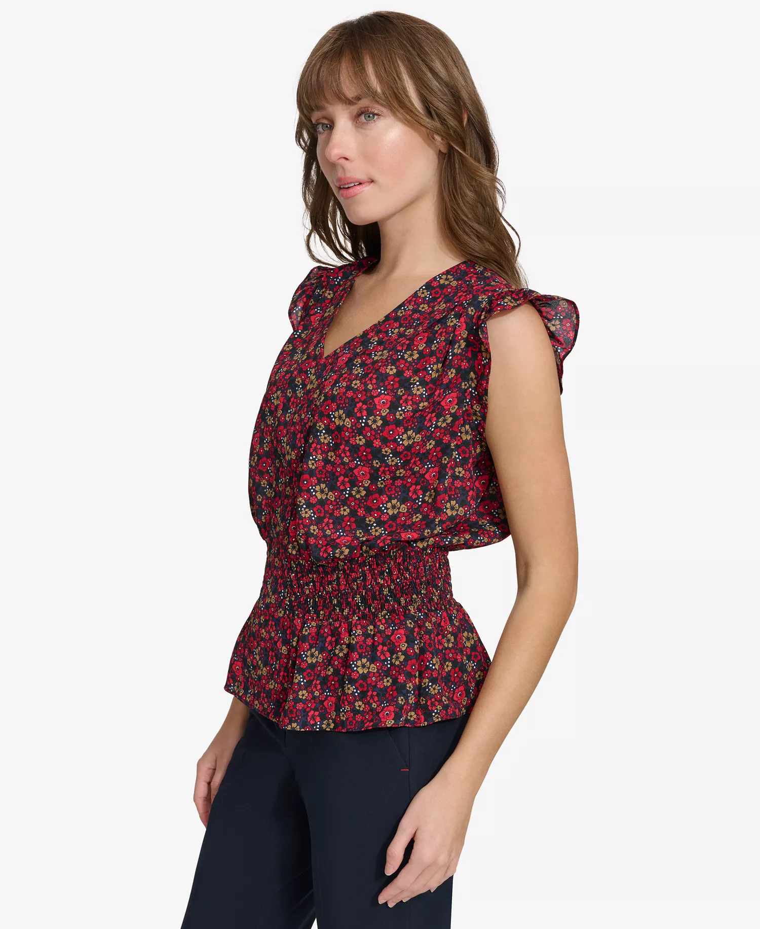 Women's Printed Smocked Cap-Sleeve Top - Mid/chili - L
