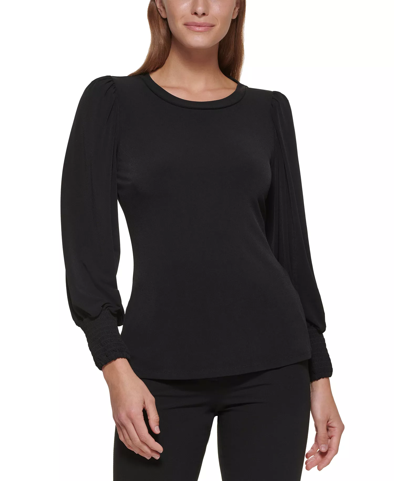 Petite Crewneck Long-Balloon-Sleeve Top - Black - PL