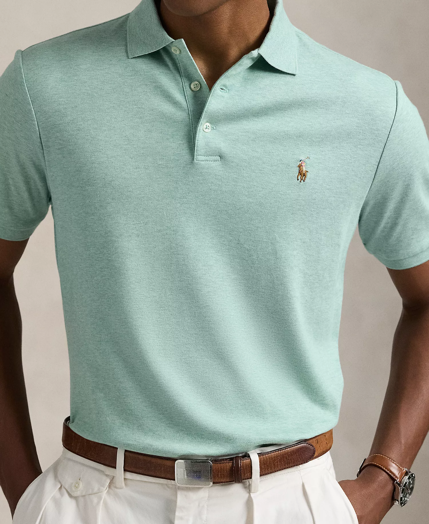 Men's Custom Slim-Fit Soft Cotton Polo Shirt - Celadon Heather - 2XL