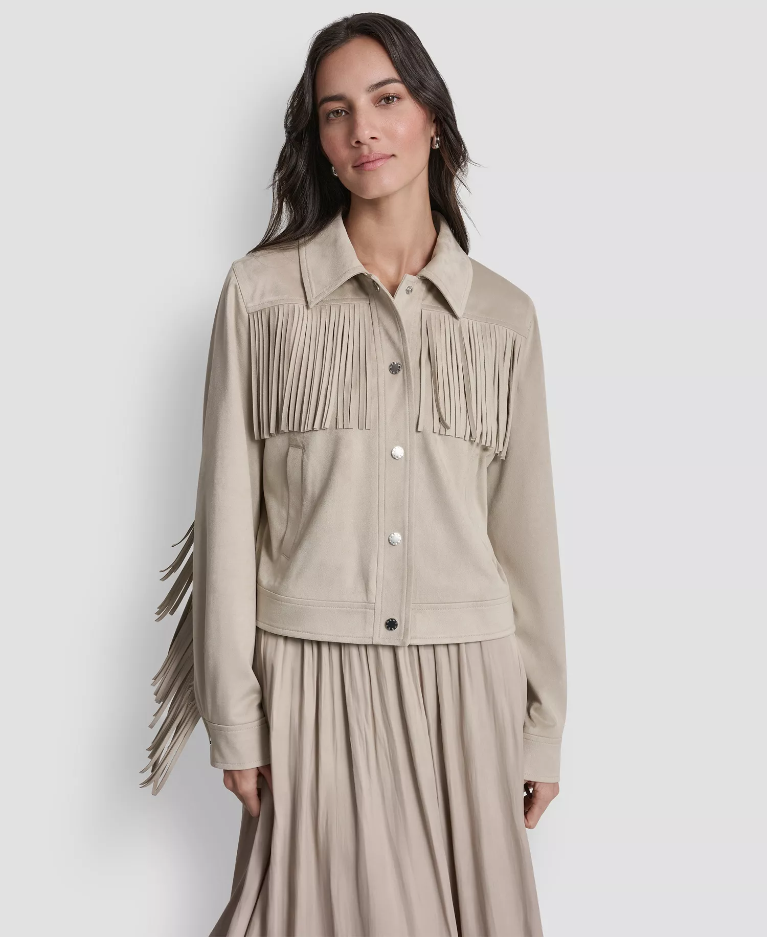 Women's Collared Fringe Suede Jacket - Pebble - L
