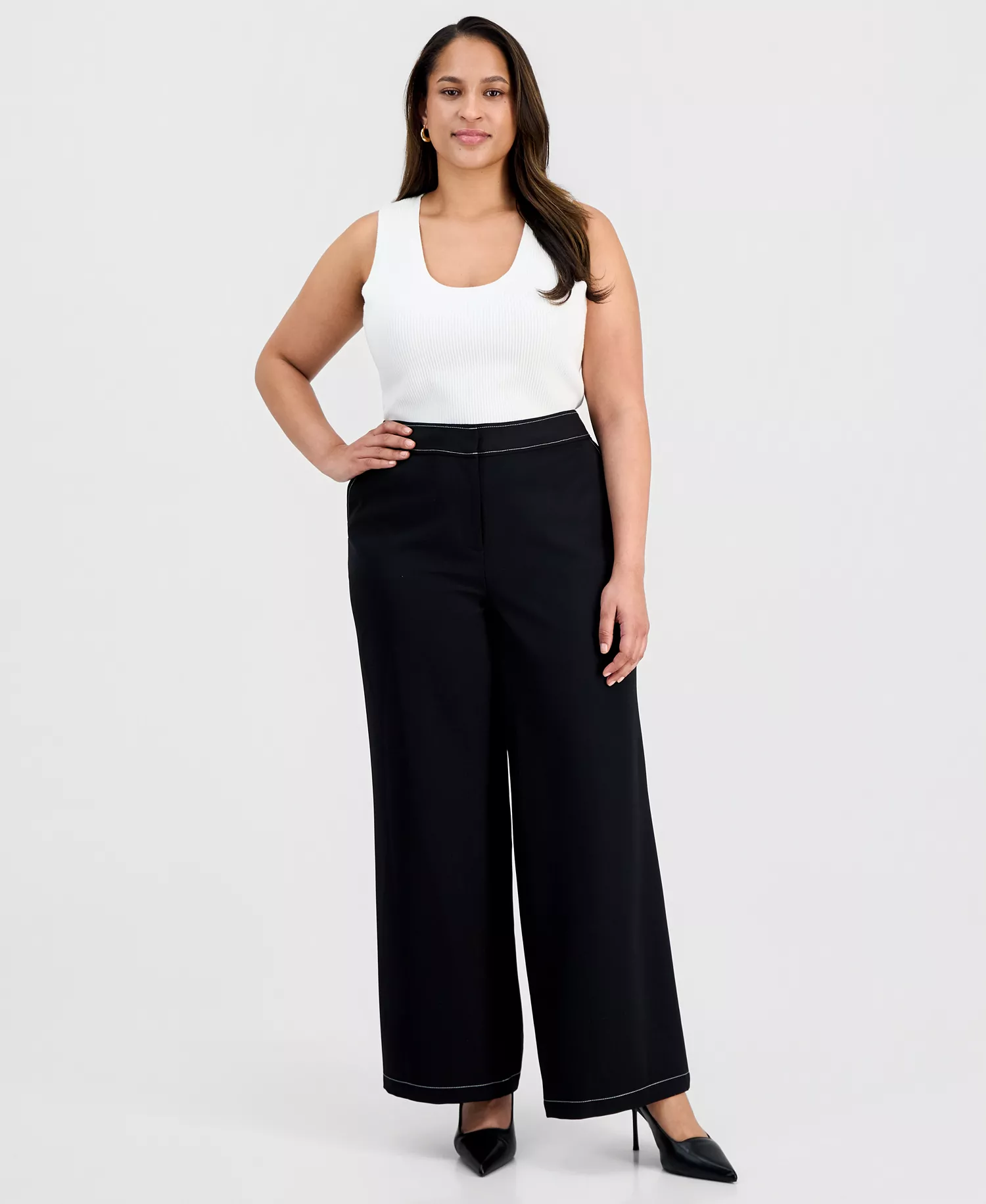 Plus Size Mid-Rise Wide-Leg Pants - Black White - 14W
