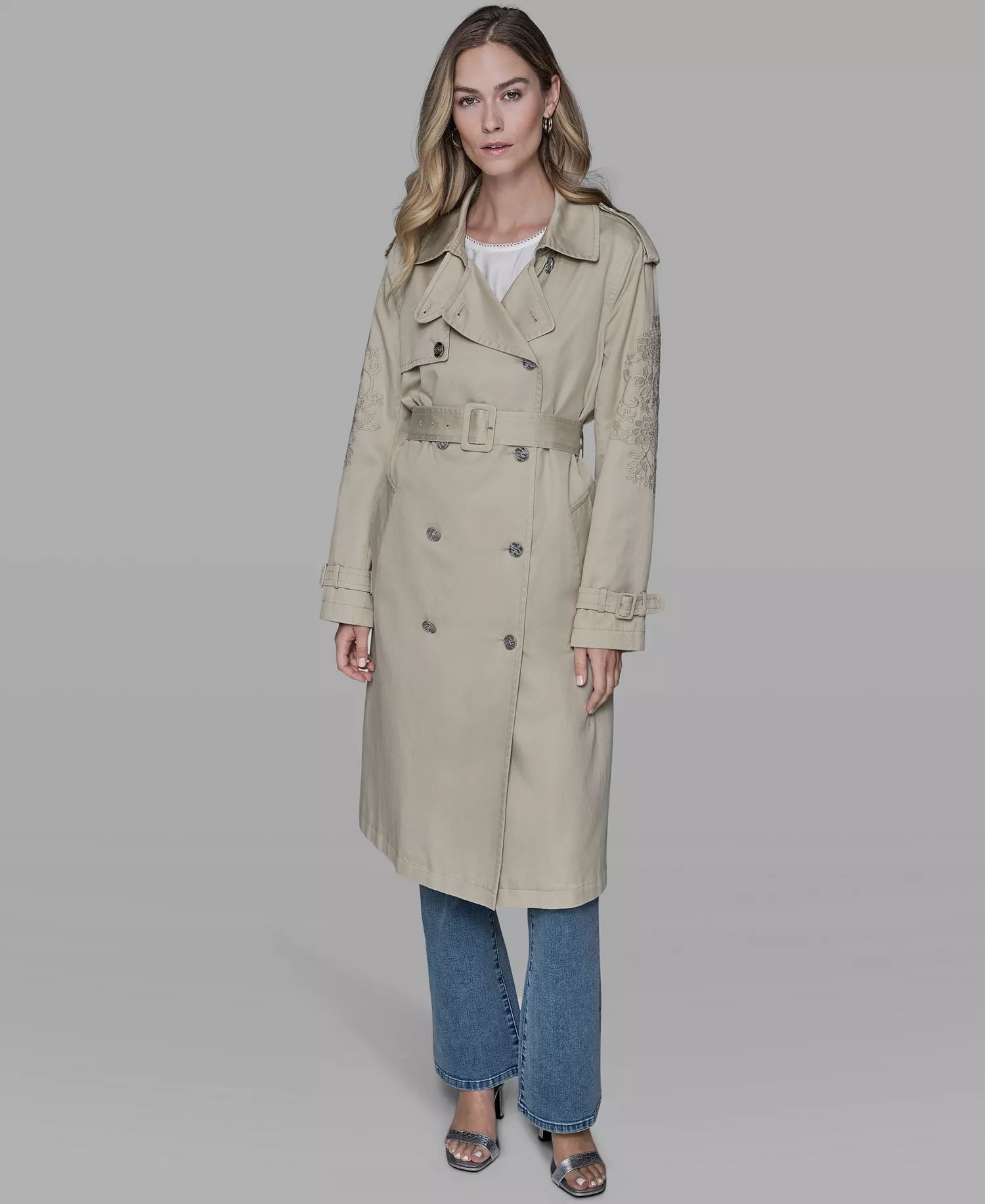 Women's Embroidered Collar Trench Coat - Desert Sand - L