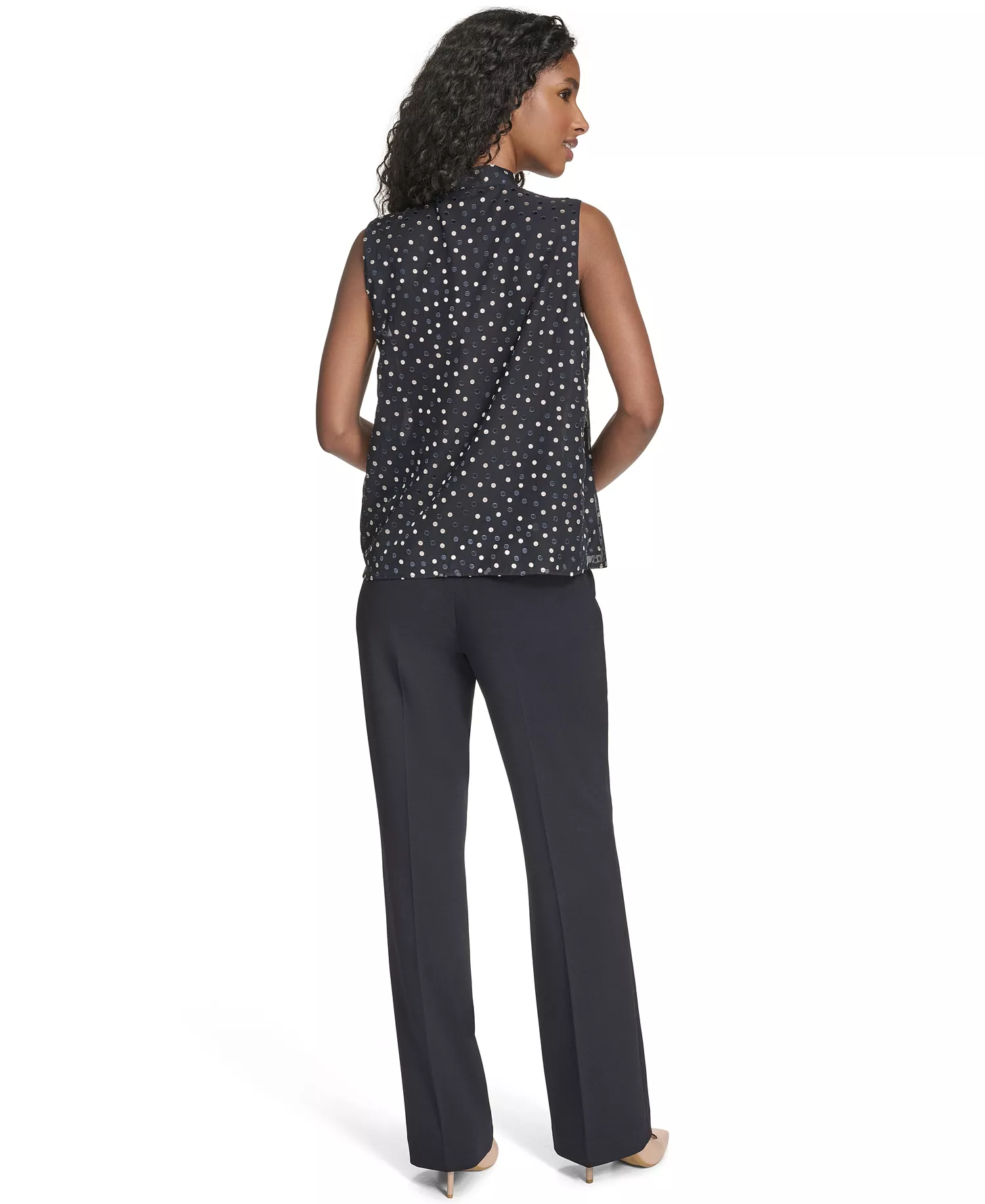 Women's Textured Tie Neck Top - Navy/Oyster - L
