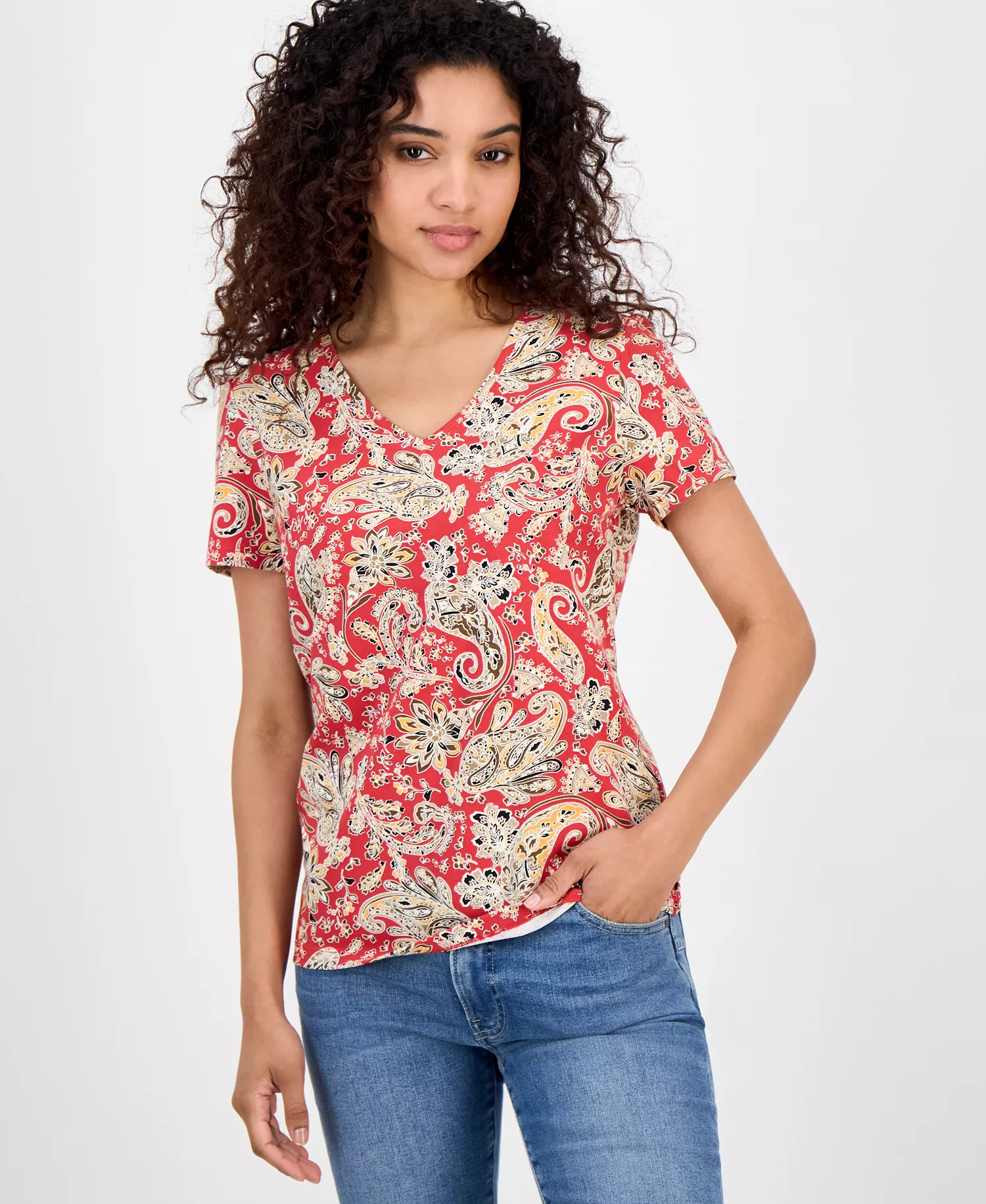 Nautica Women's Paisley-Print V-Neck T-Shirt - Samba Multi - XS