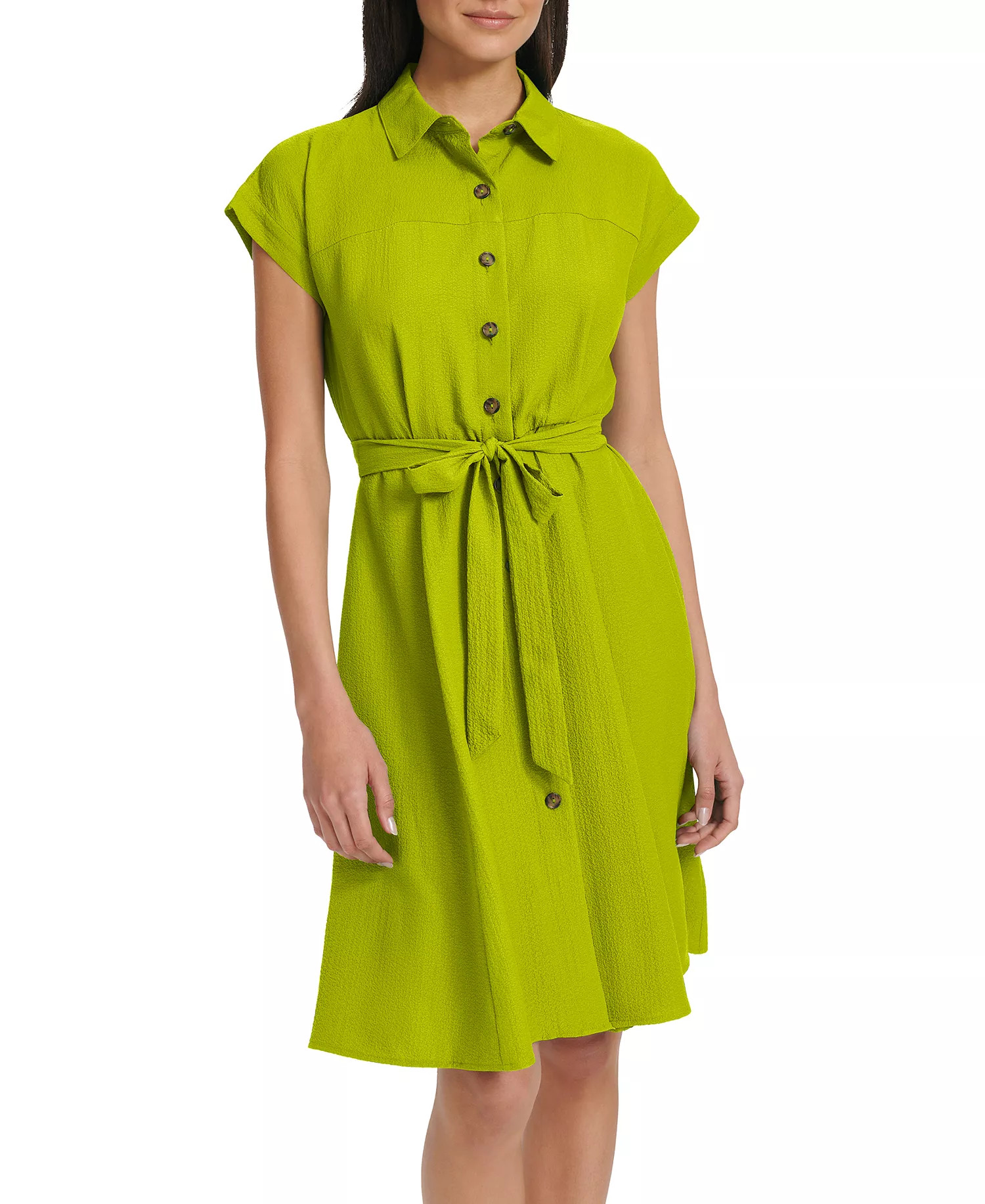 Women's Belted Cap-Sleeve Shirt Dress - Celery - 10