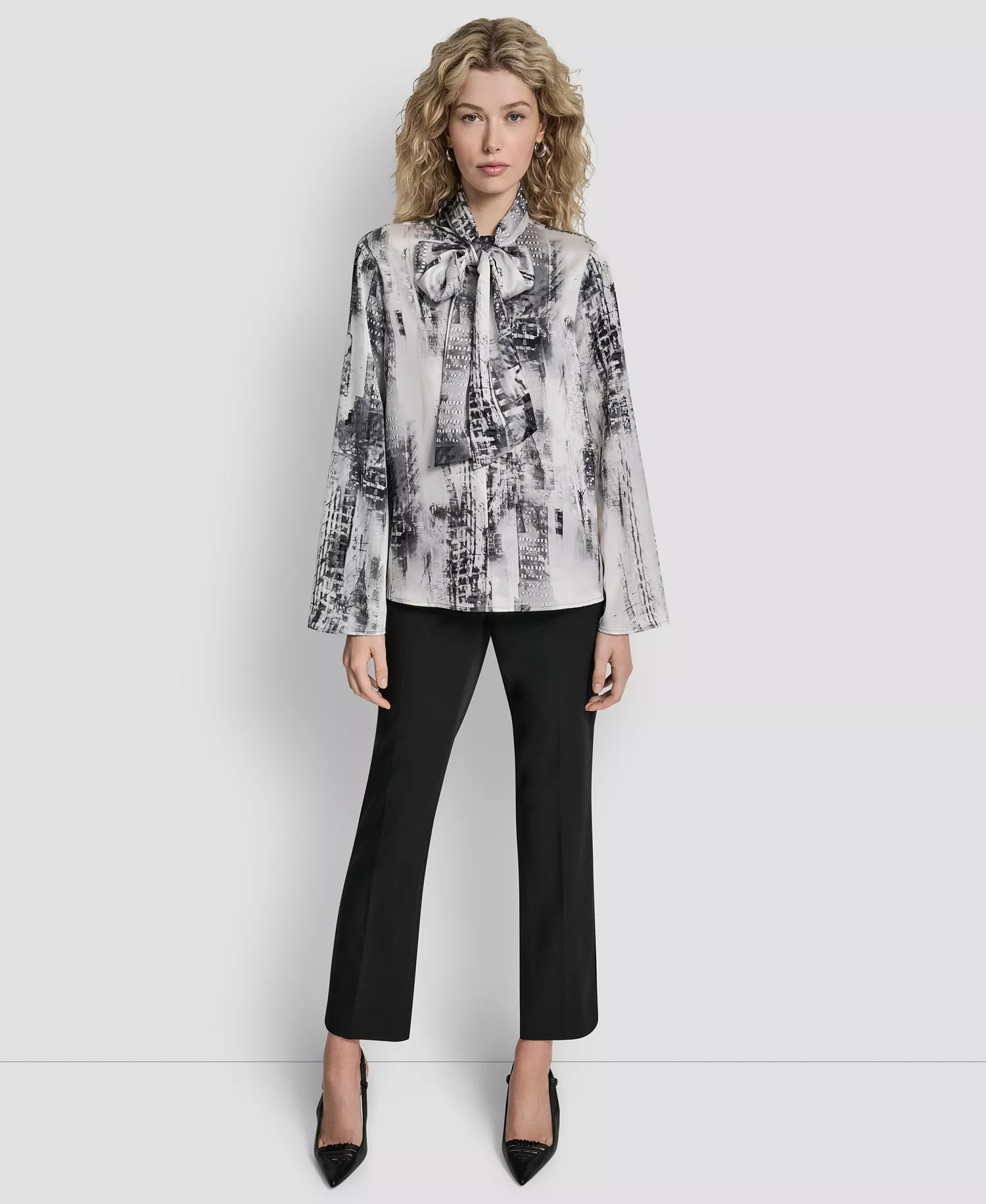 Women's Printed Neck Tie Long Sleeve Blouse - Graphite/stone Grey Multi - S