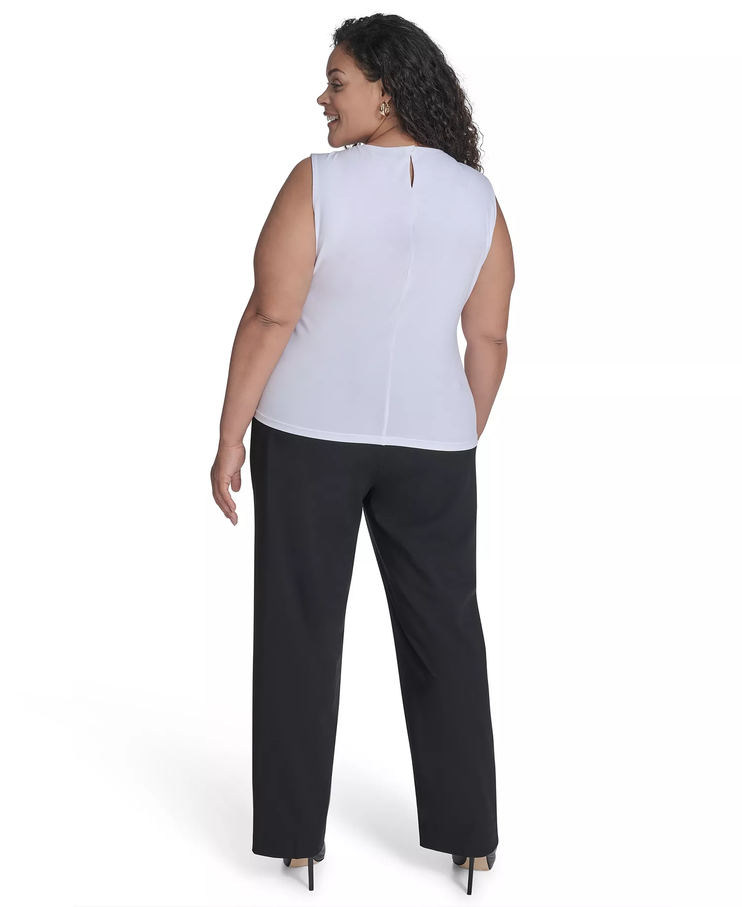 Plus Size Sleeveless Pleat-Neck Top - White - 1X
