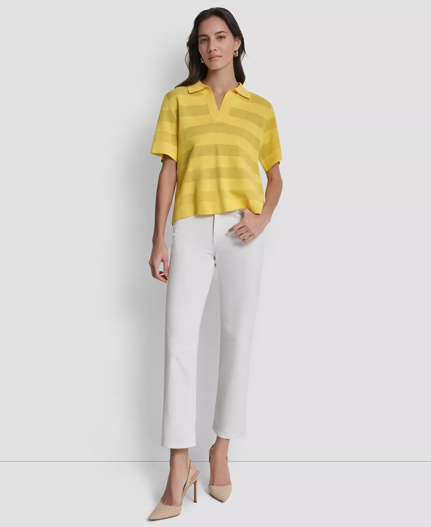 Women's Sheer Striped Collared Short-Sleeve Polo Shirt - Taxi Cab Yellow - L