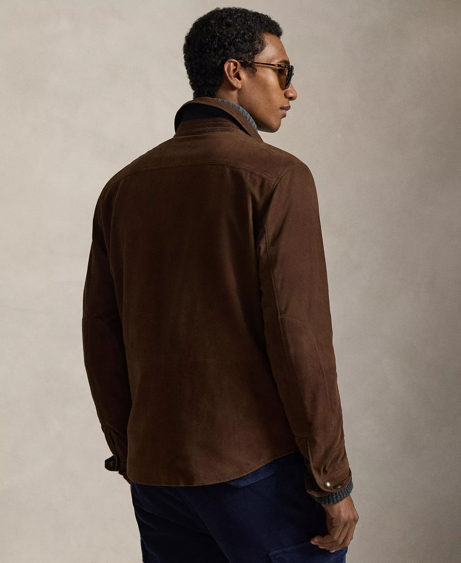 Men's Reversible Suede-Taffeta Shirt Jacket - Cooper Brown/collection Navy - XL