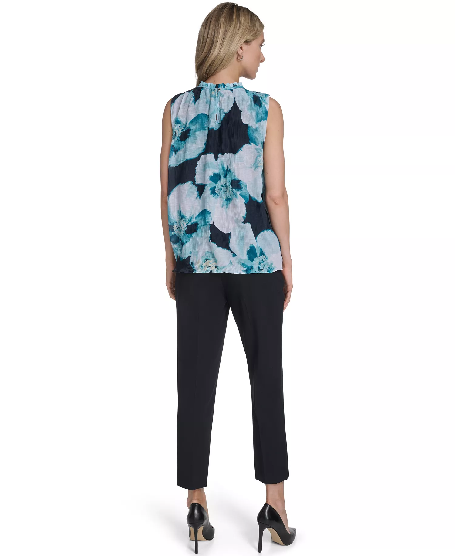 Women's Textured Ruffle Neck Top - Navy/seaspray Multi - L