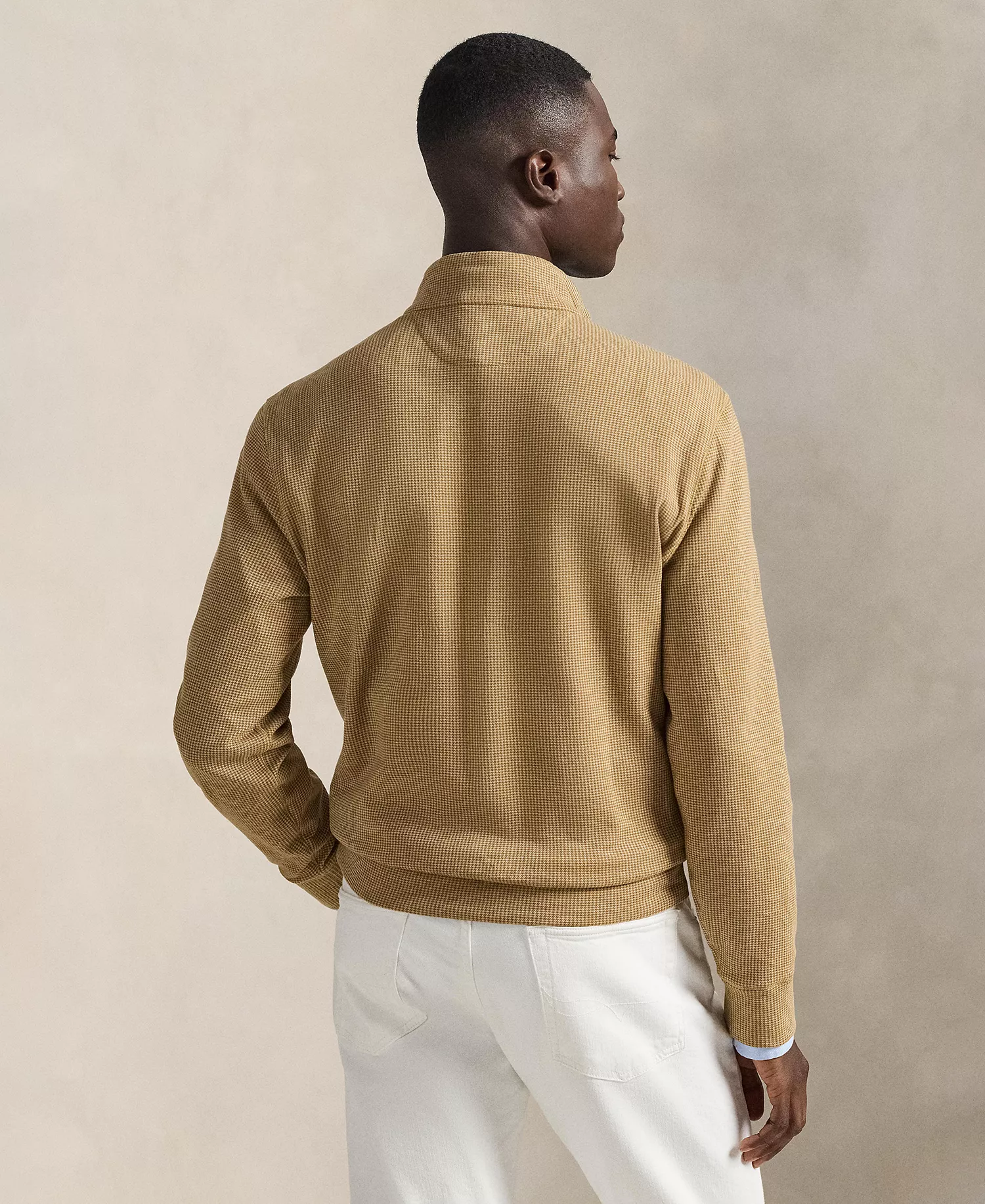 Men's Luxury Jersey Quarter-Zip Pull-On Sweater - Camel/Puppytooth - 2XL