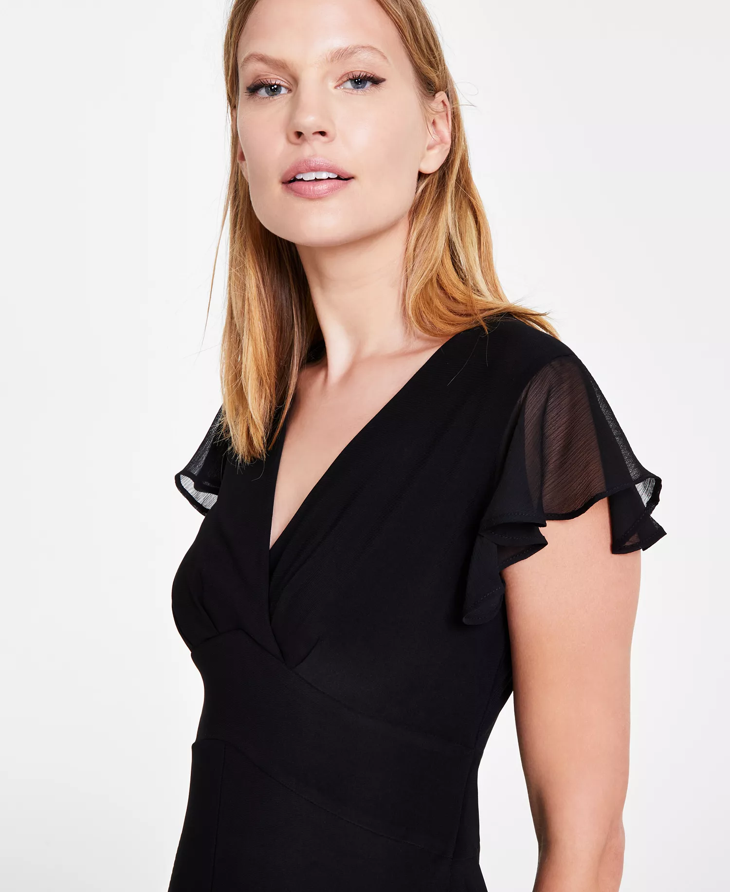 Women's V-Neck Chiffon-Trim Midi Dress with Flutter Sleeves - Black - 10