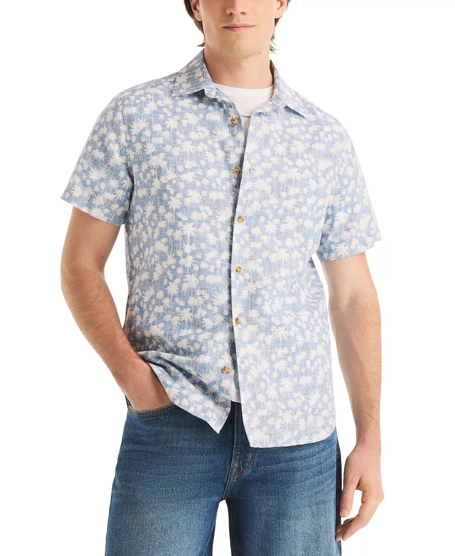 Men's Reverse Palm Tree Printed Linen Short-Sleeve Shirt - Coronet Blue - L