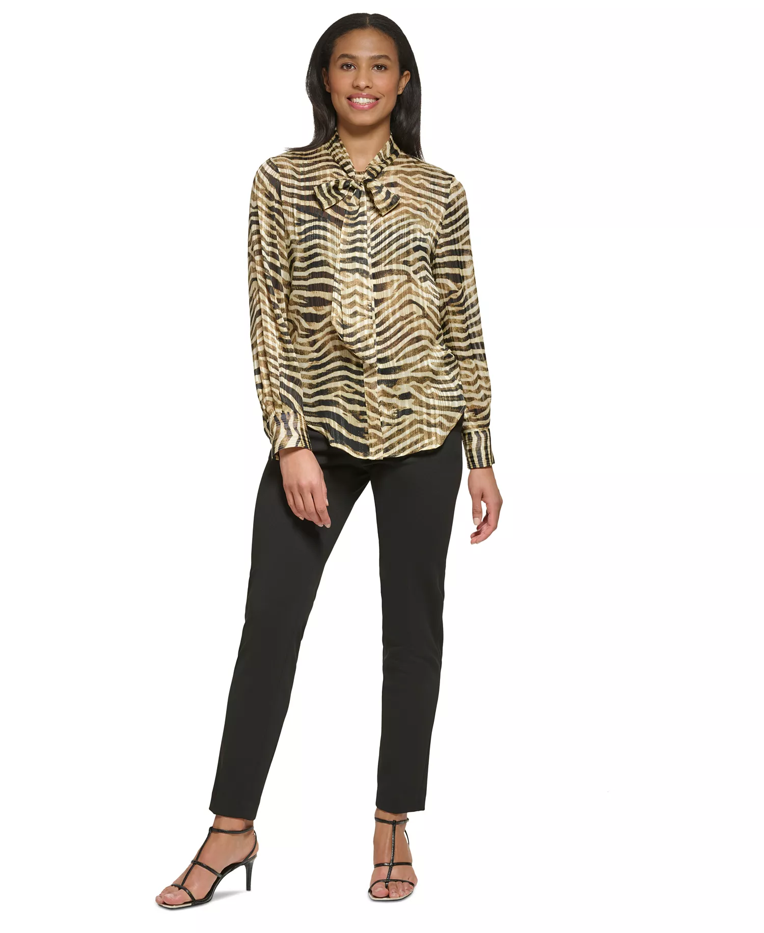 Petite Long-Sleeve Button Front Tie-Neck Top - Cashew Multi - P/M