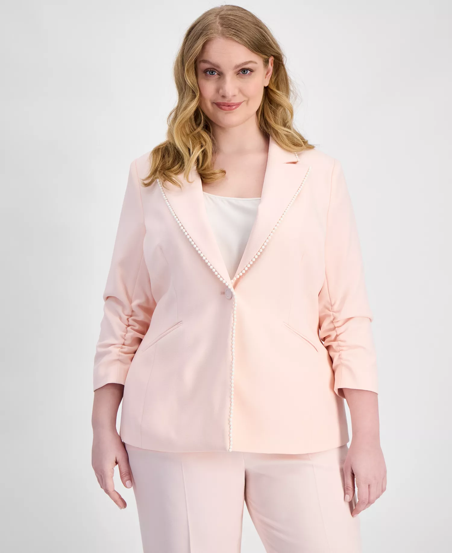 Plus Size Faux-Pearl-Trim Ruched-Sleeve Blazer - Tea Rose - 14W