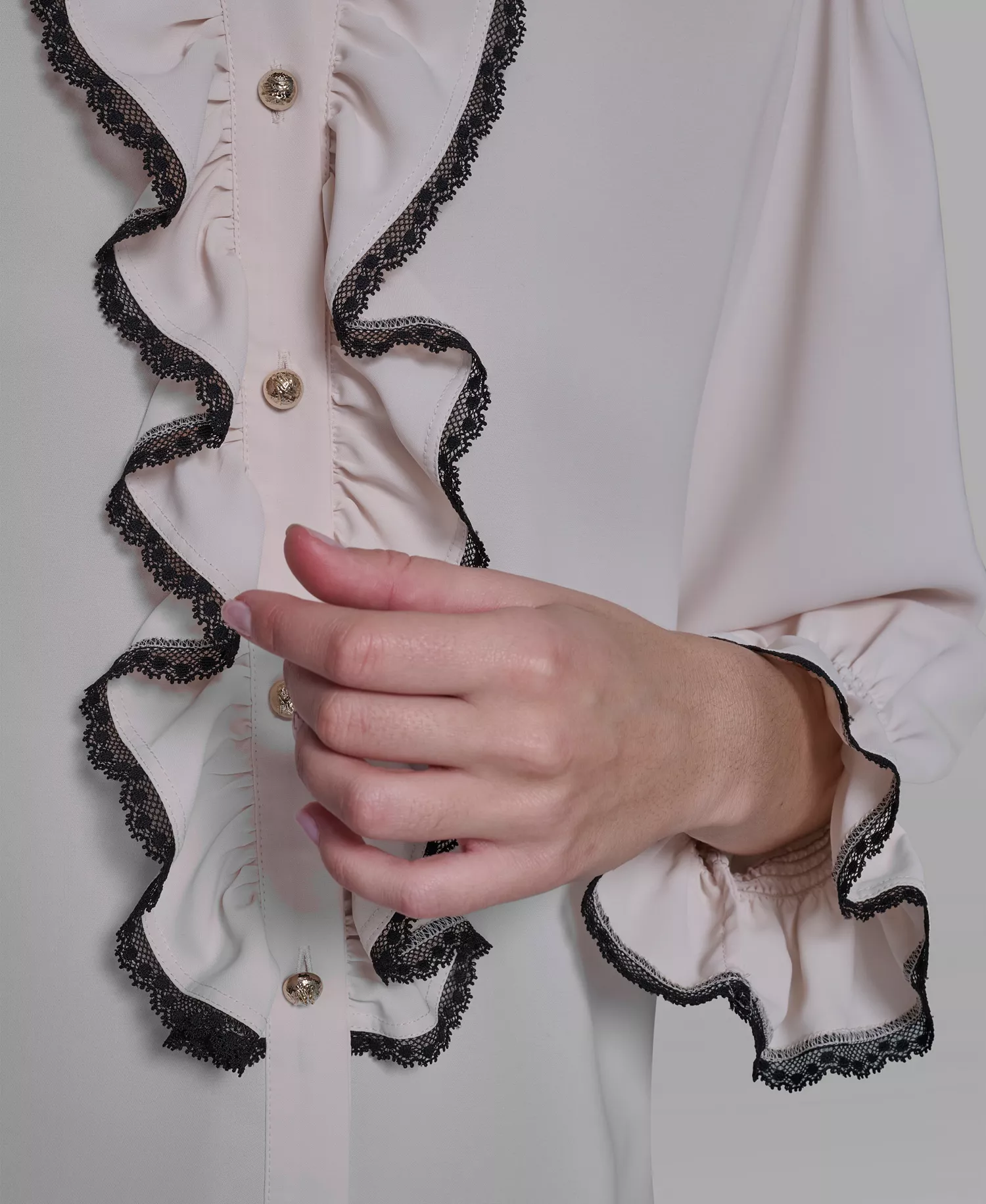 Women's Ruffle Lace Trim Long-Sleeve Blouse - Bisque - L