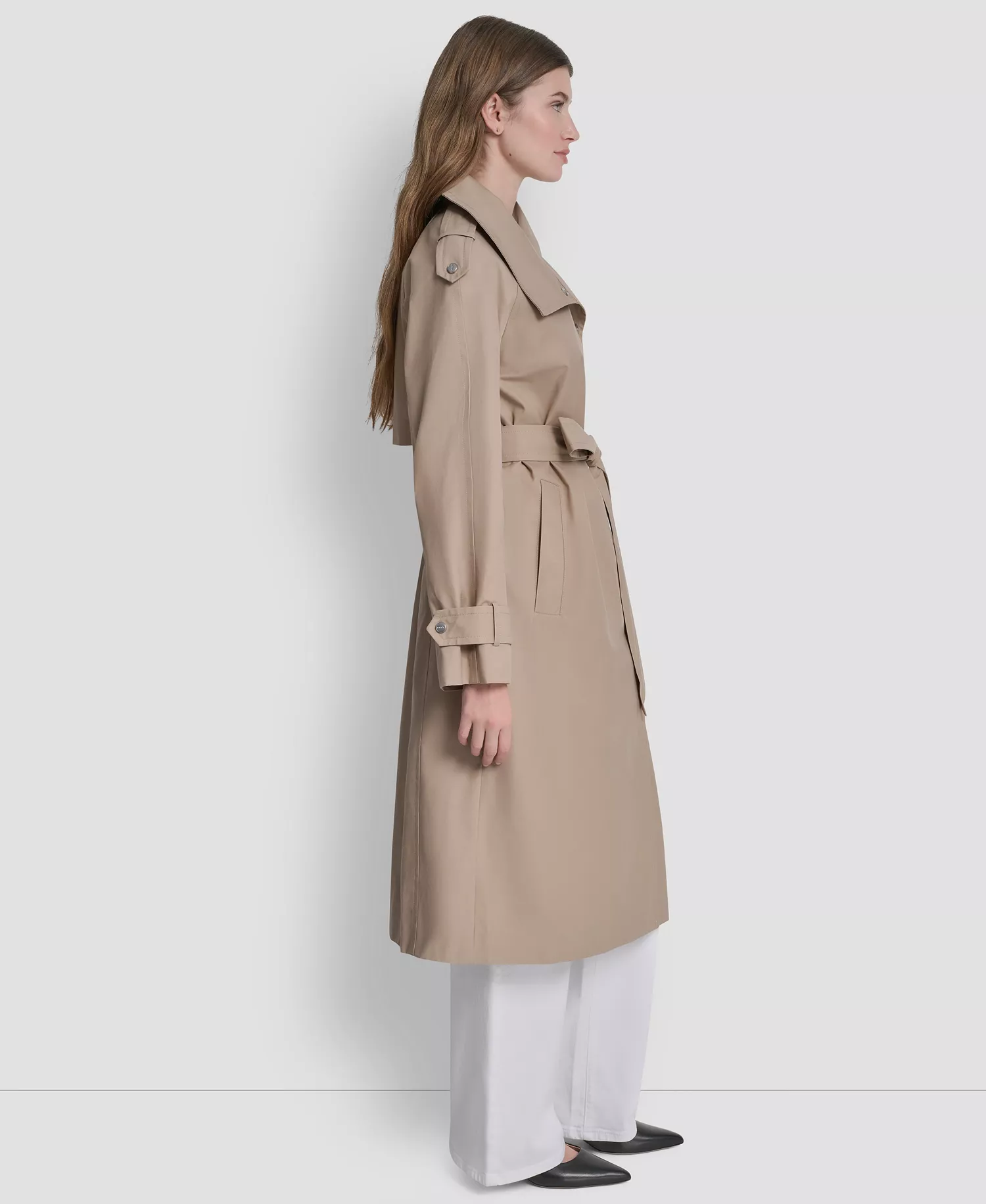 Women's Belted Funnel Collar Long Trench Coat - Khaki - L