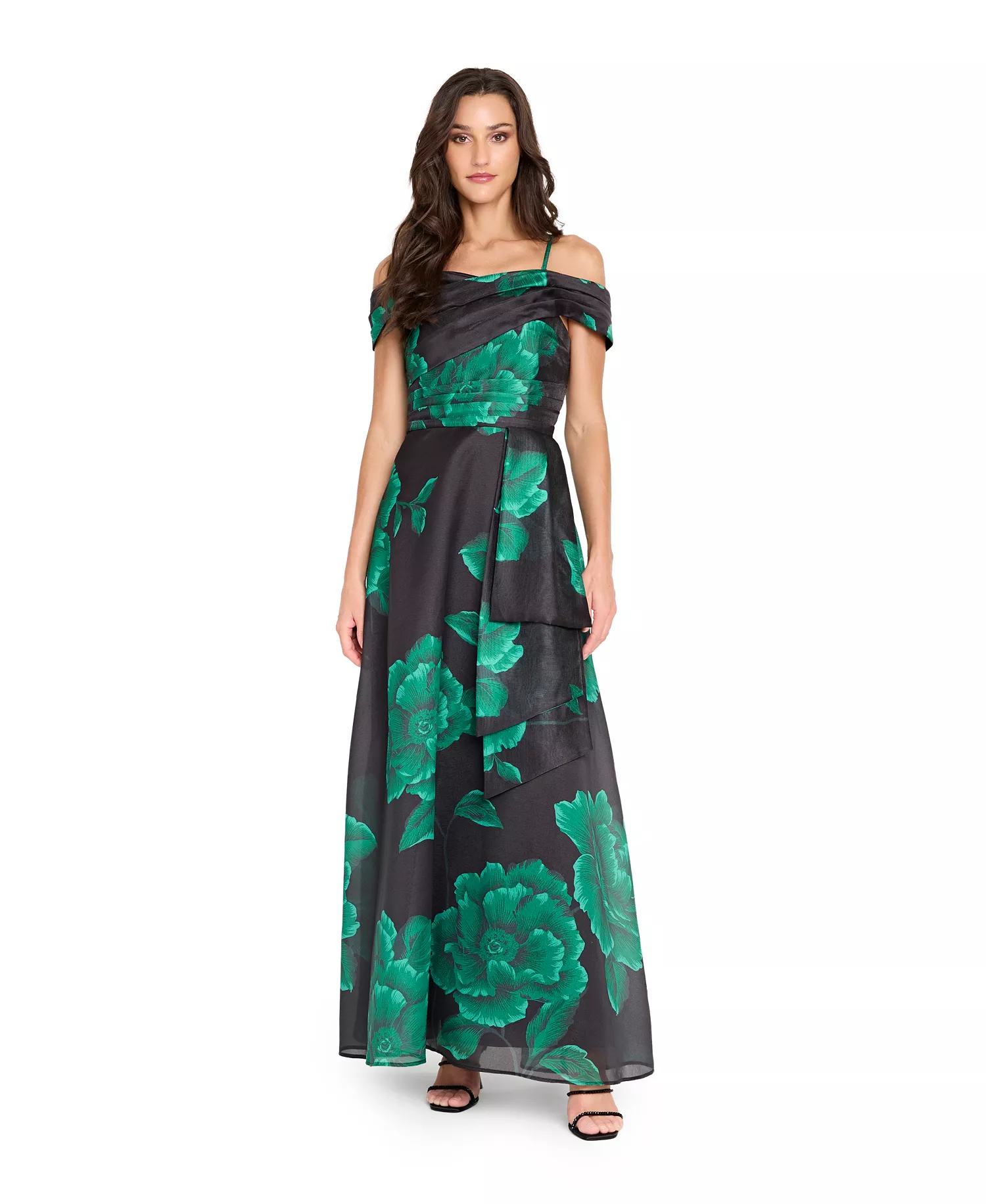 Women's Printed Off-Shoulder Ball Gown - Black/Green - 10