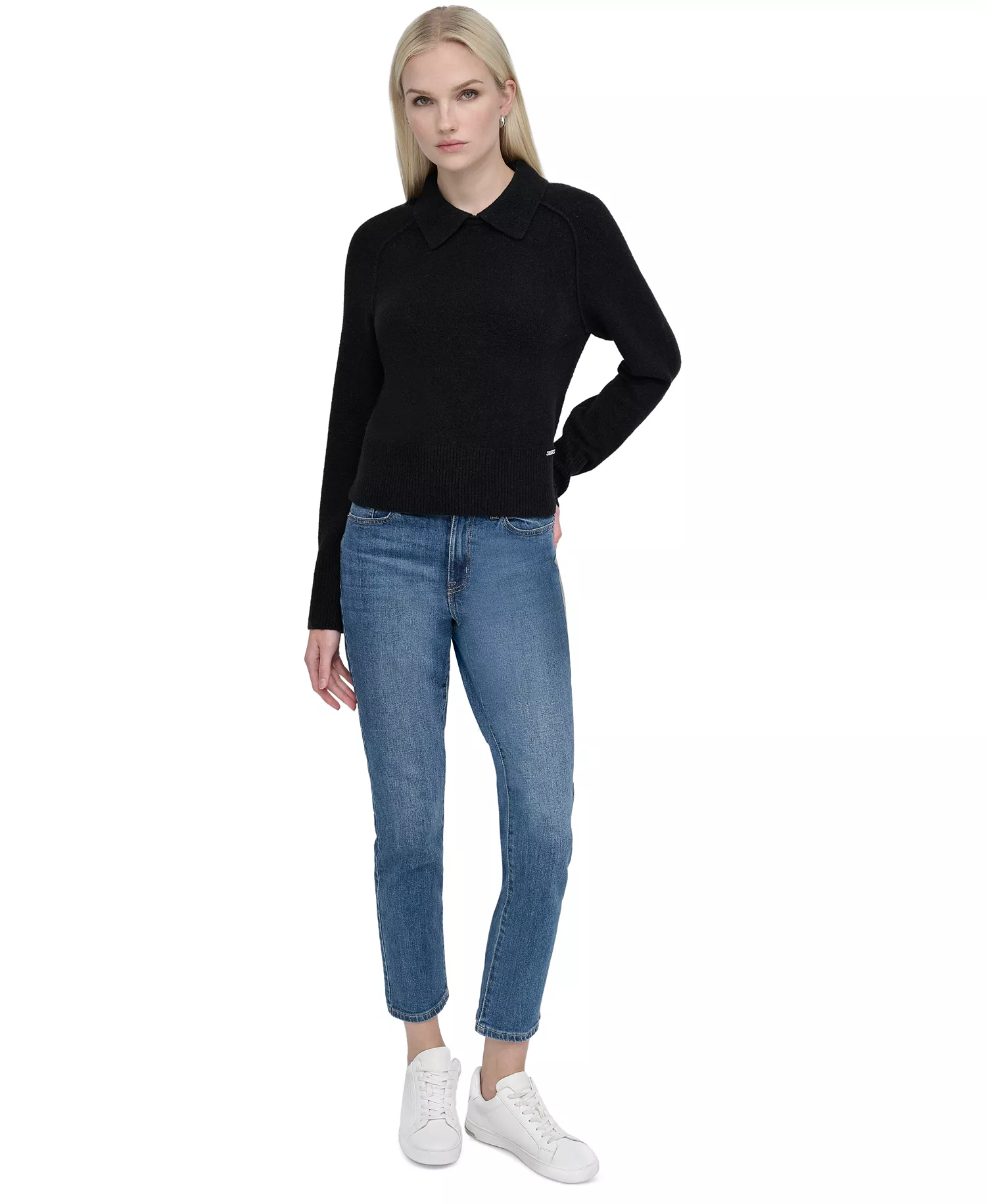 Petite Pullover Polo Sweater - Black - PL