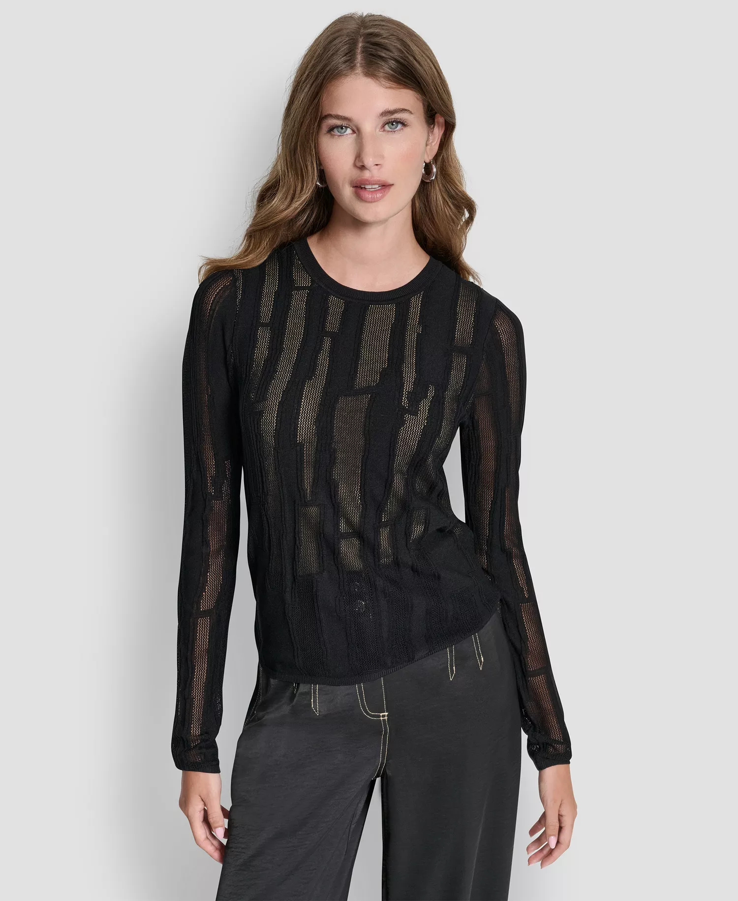 Women's Long-Sleeve Double Layer Mixed Stitch Sweater - Black/travertine - L