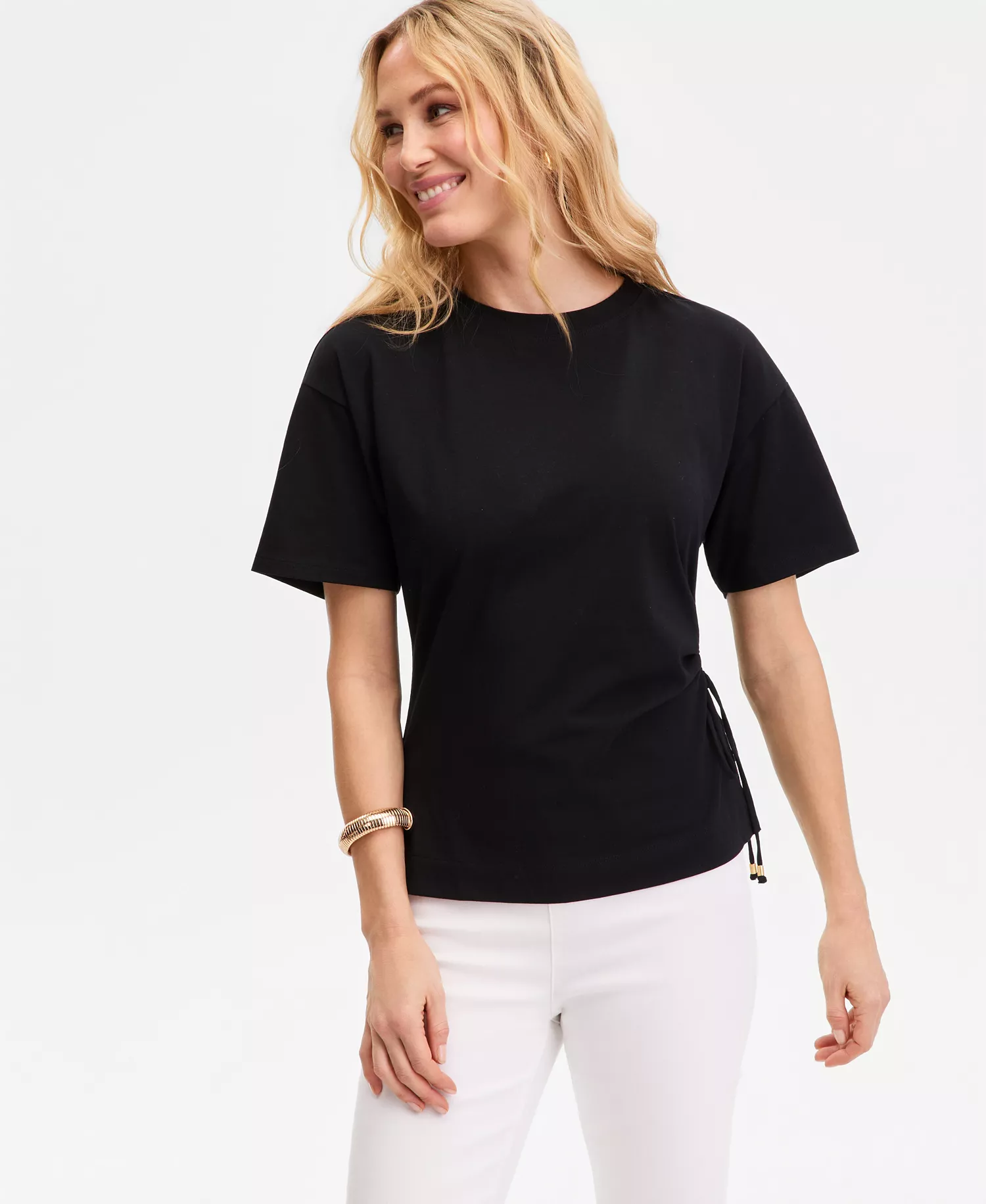 Women's Short Sleeve Side Tie T-Shirt, Macy's Exclusive - Deep Black - L
