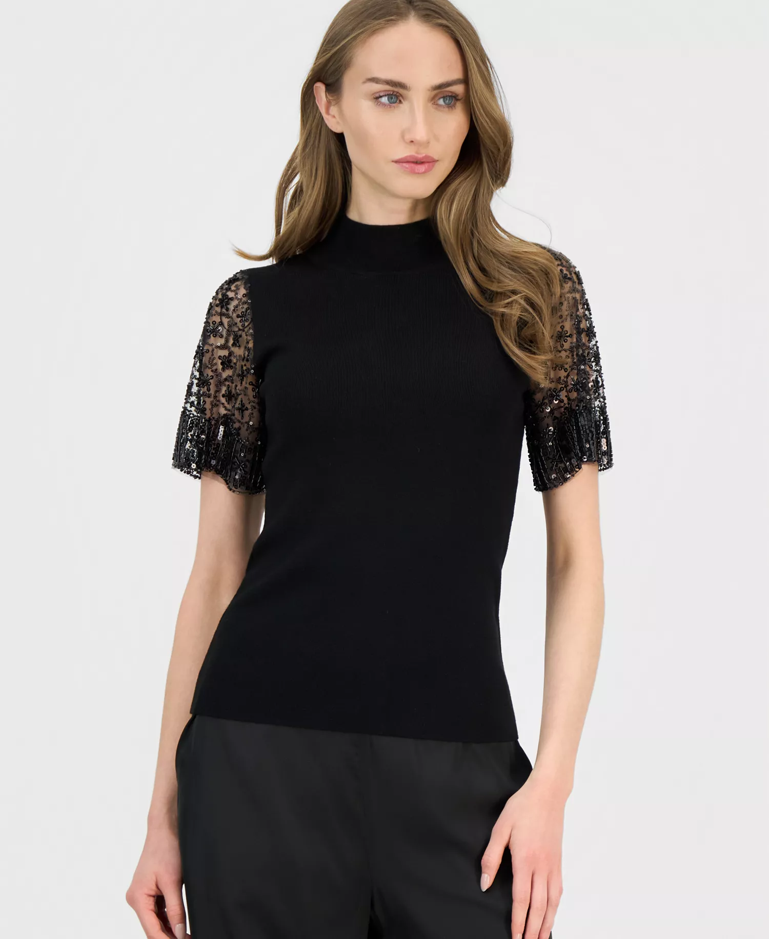 Women's Beaded-Sleeve Mock Neck Sweater - Black - L