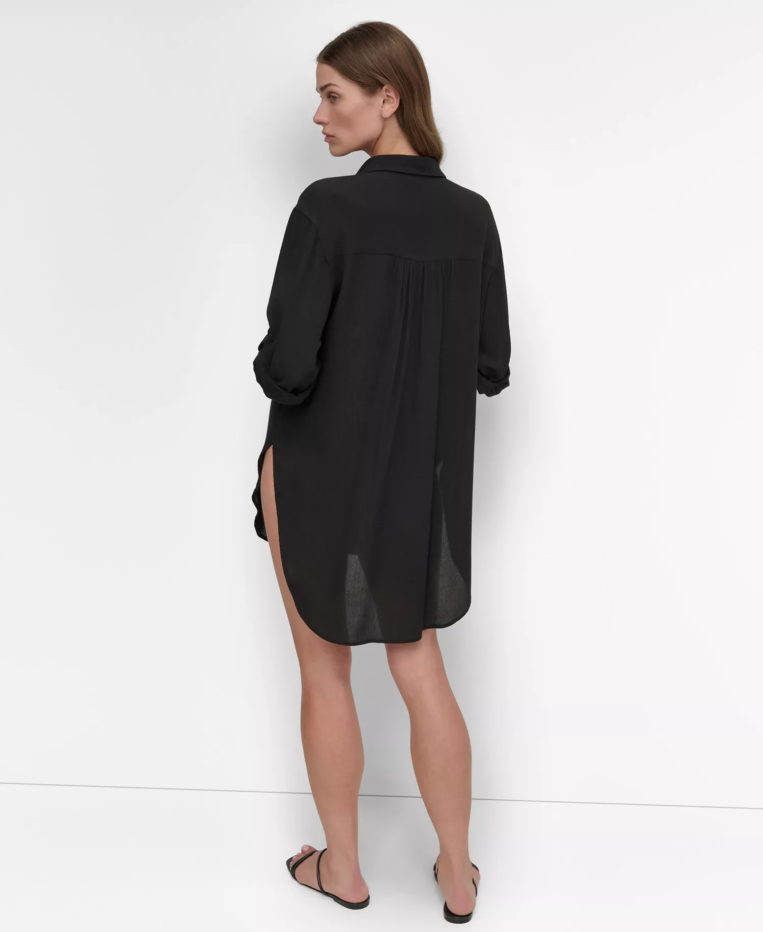 Women's Gauze Collared Button-Front Beach Shirt - Black - L